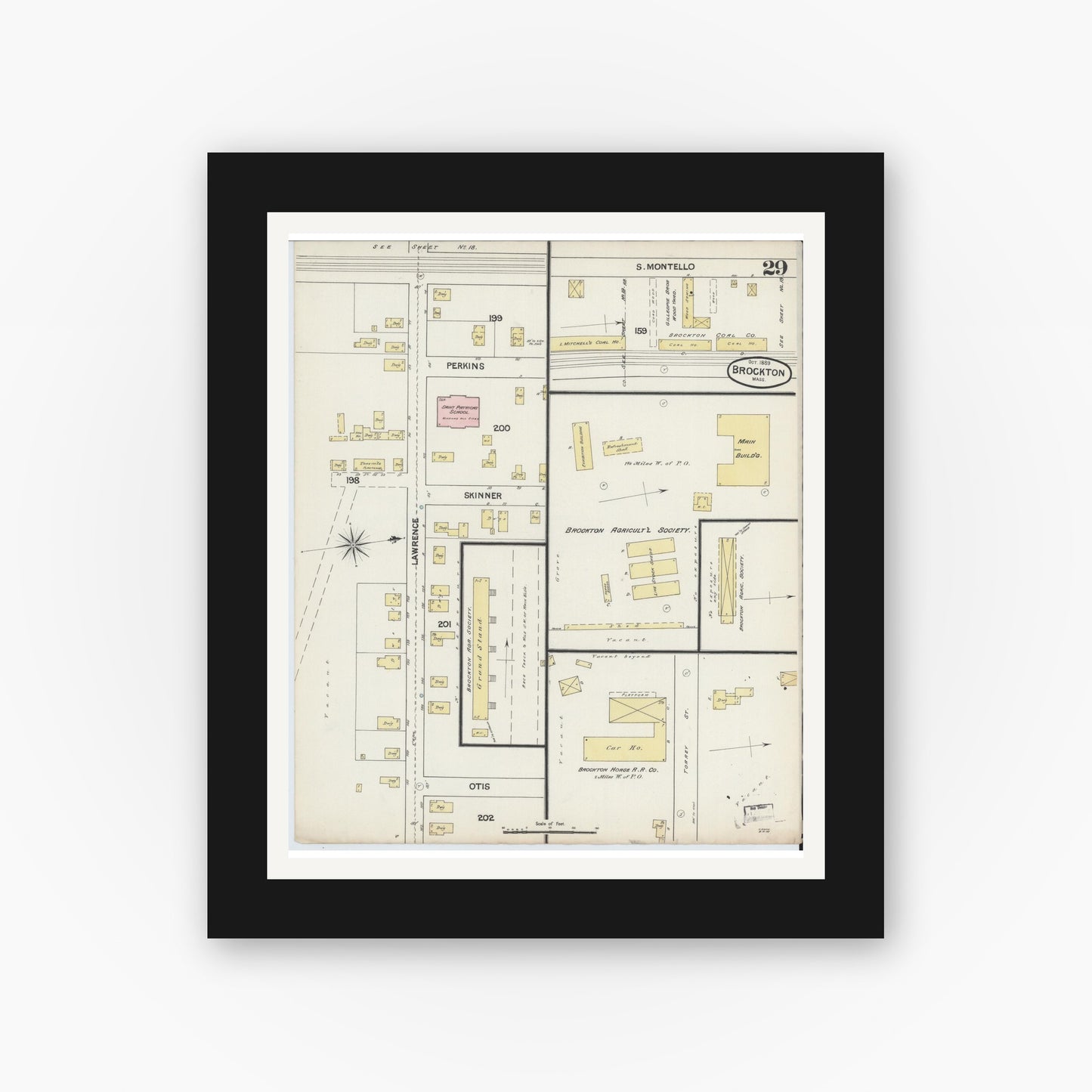 Old map wall art mockup — black gallery frame with white mat — Sanborn Fire Insurance Map from Brockton, Plymouth County, Massachusetts (1889), Sheet #0029