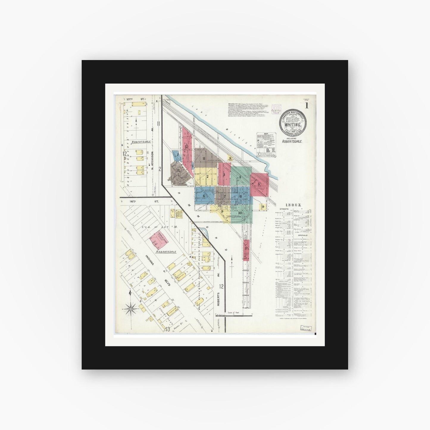 Old map wall art mockup — black gallery frame with white mat — Sanborn Fire Insurance Map from Whiting, Lake County, Indiana (1907) - Complete Map Set