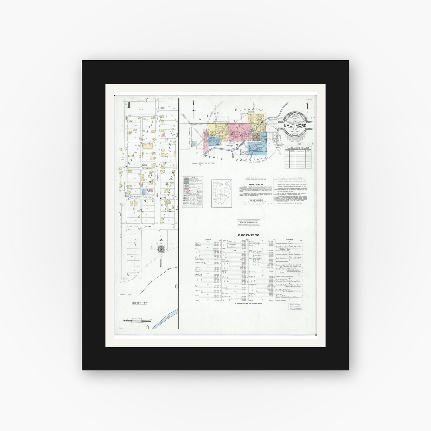Old map wall art mockup — black gallery frame with white mat — Sanborn Fire Insurance Map from Baltimore, Fairfield County, Ohio (1946) - Complete Map Set