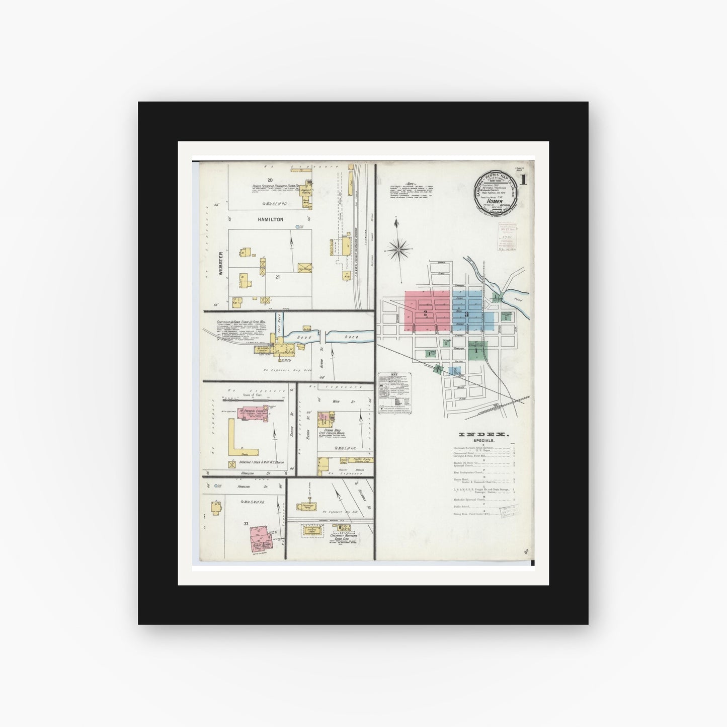 Old map wall art mockup — black gallery frame with white mat — Sanborn Fire Insurance Map from Homer, Calhoun County, Michigan (1899), Sheet #0001