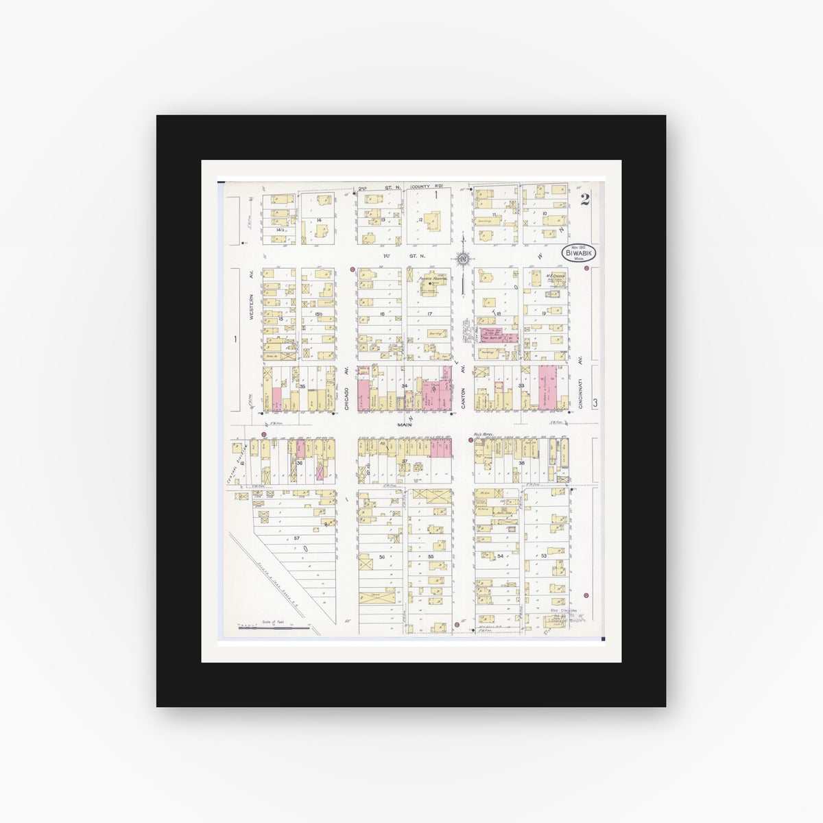 Old map wall art mockup — black gallery frame with white mat — Sanborn Fire Insurance Map from Biwabik, Saint Louis County, Minnesota (1912), Sheet #0002