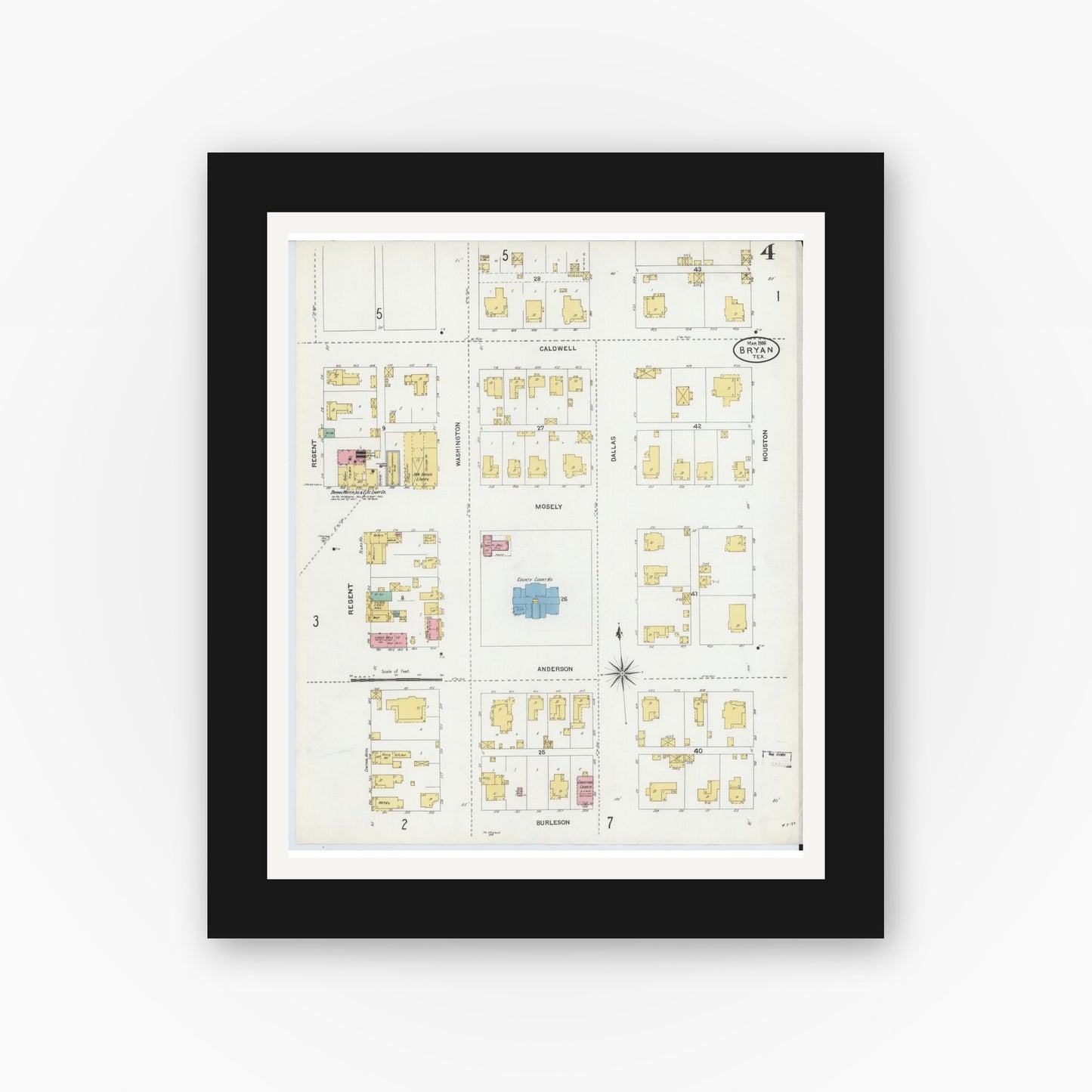 Old map wall art mockup — black gallery frame with white mat — Sanborn Fire Insurance Map from Bryan, Brazos County, Texas (1906), Sheet #0004