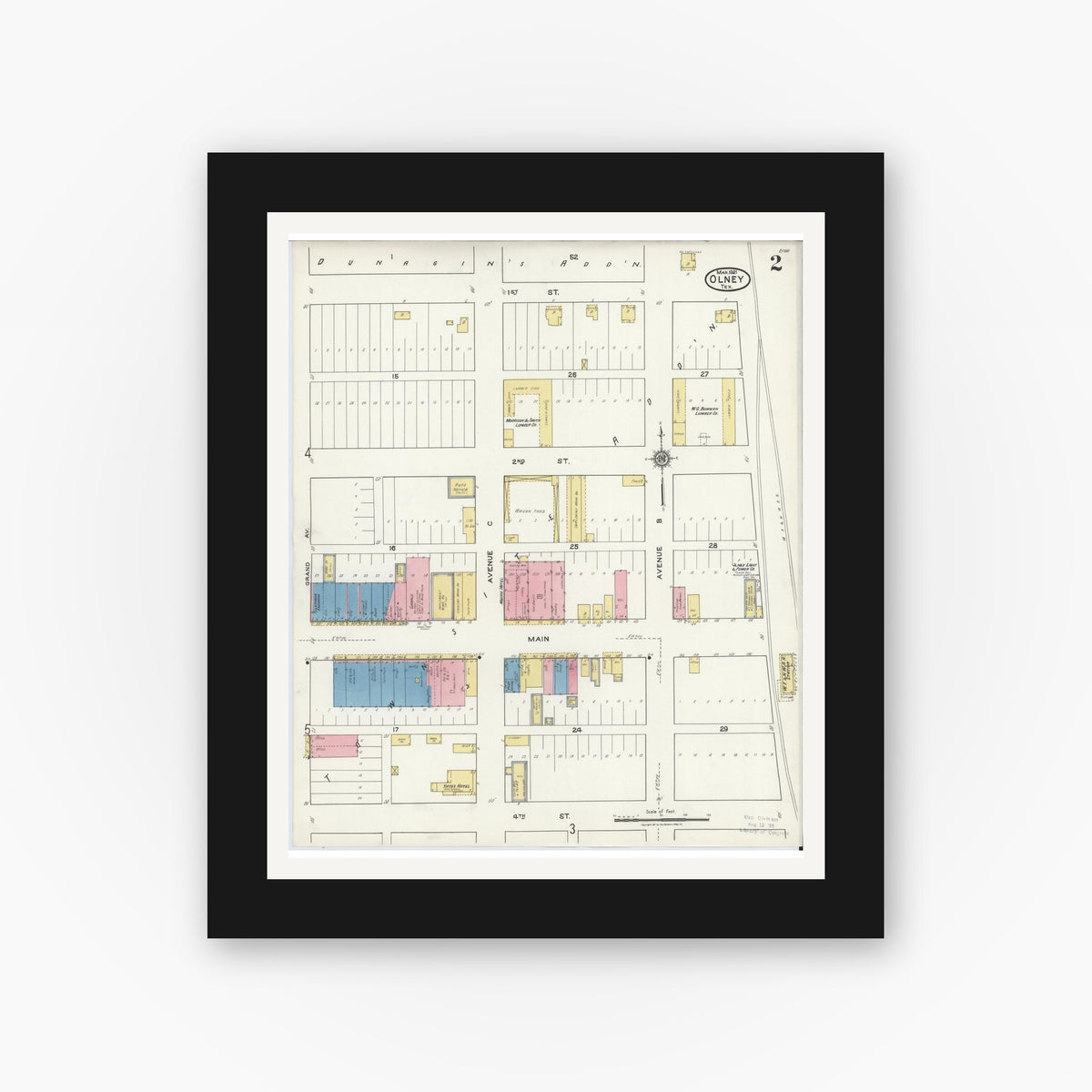 Old map wall art mockup — black gallery frame with white mat — Sanborn Fire Insurance Map from Olney, Young County, Texas (1921), Sheet #0002