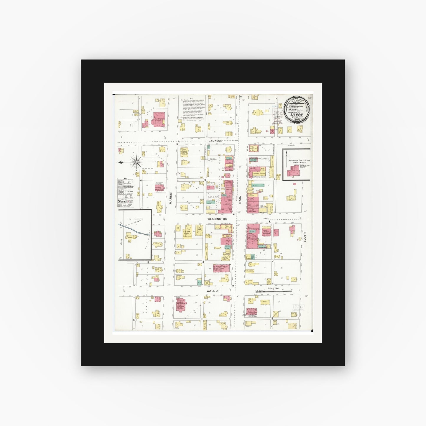 Old map wall art mockup — black gallery frame with white mat — Sanborn Fire Insurance Map from Lisbon, Linn County, Iowa (1900), Sheet #0001