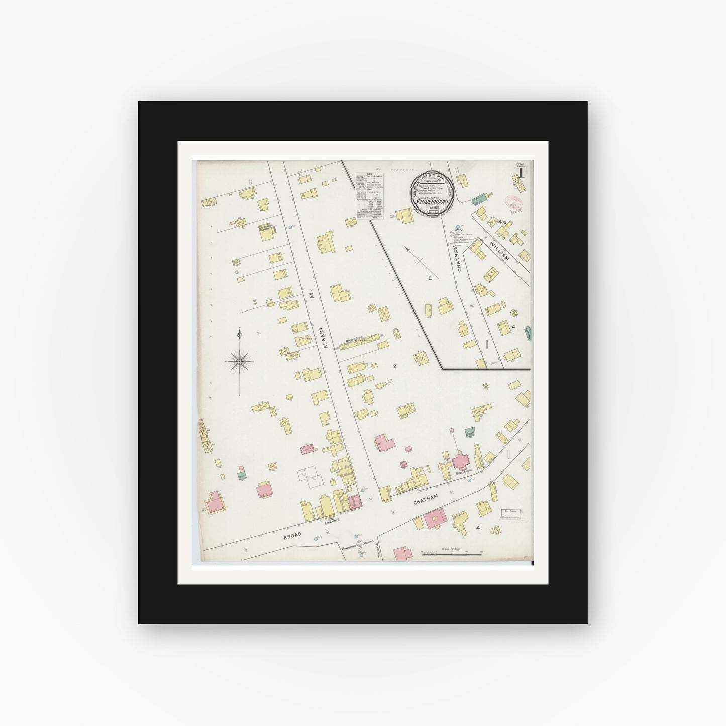 Old map wall art mockup — black gallery frame with white mat — Sanborn Fire Insurance Map from Kinderhook, Columbia County, New York (1895), Sheet #0001