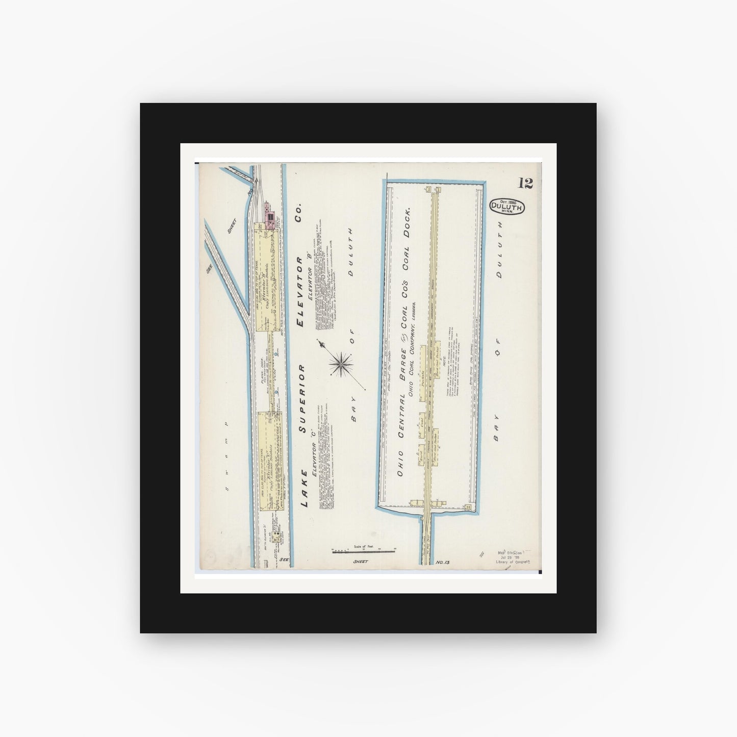 Old map wall art mockup — black gallery frame with white mat — Sanborn Fire Insurance Map from Duluth, Saint Louis County, Minnesota (1885), Sheet #0012