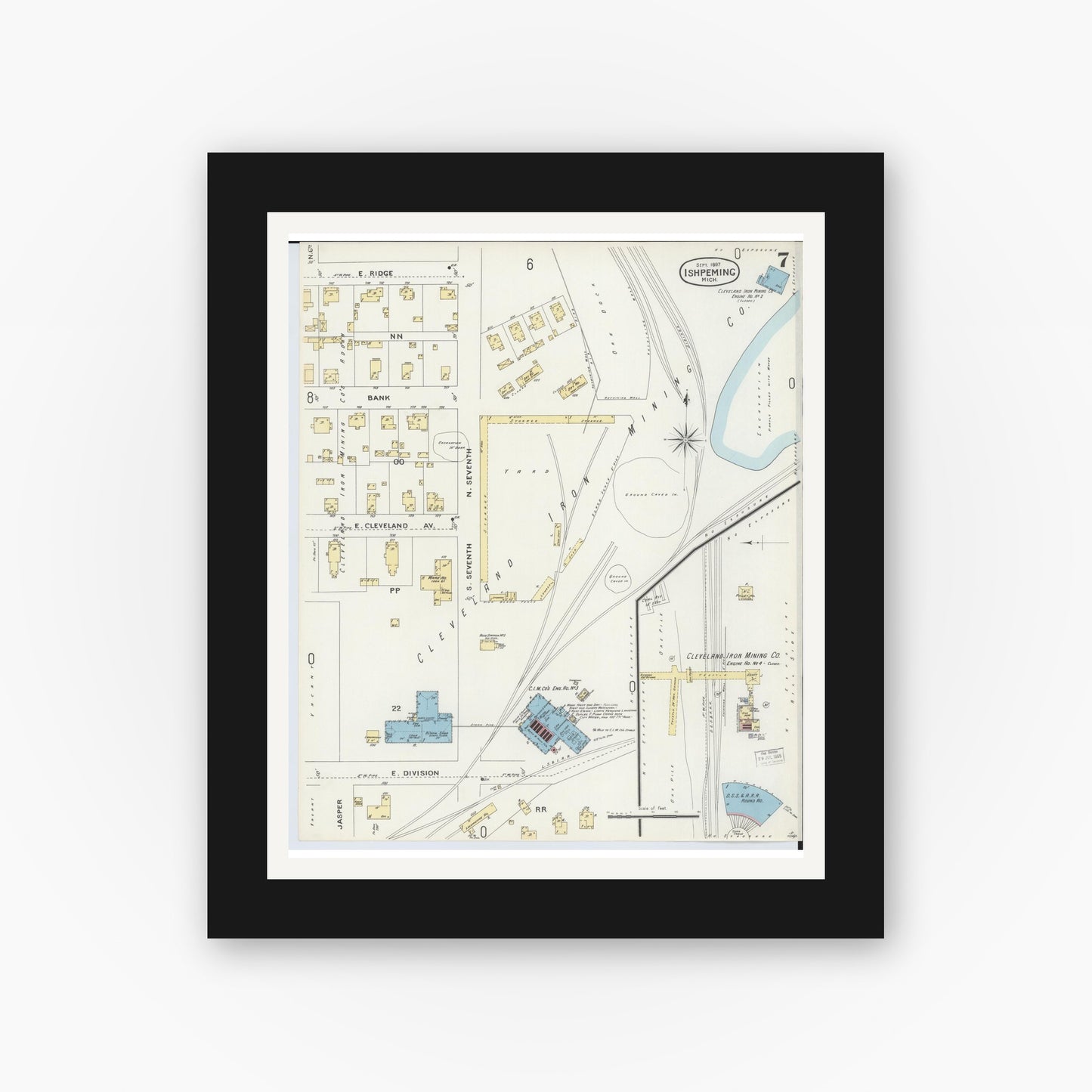 Old map wall art mockup — black gallery frame with white mat — Sanborn Fire Insurance Map from Ishpeming, Marquette County, Michigan (1897), Sheet #0007