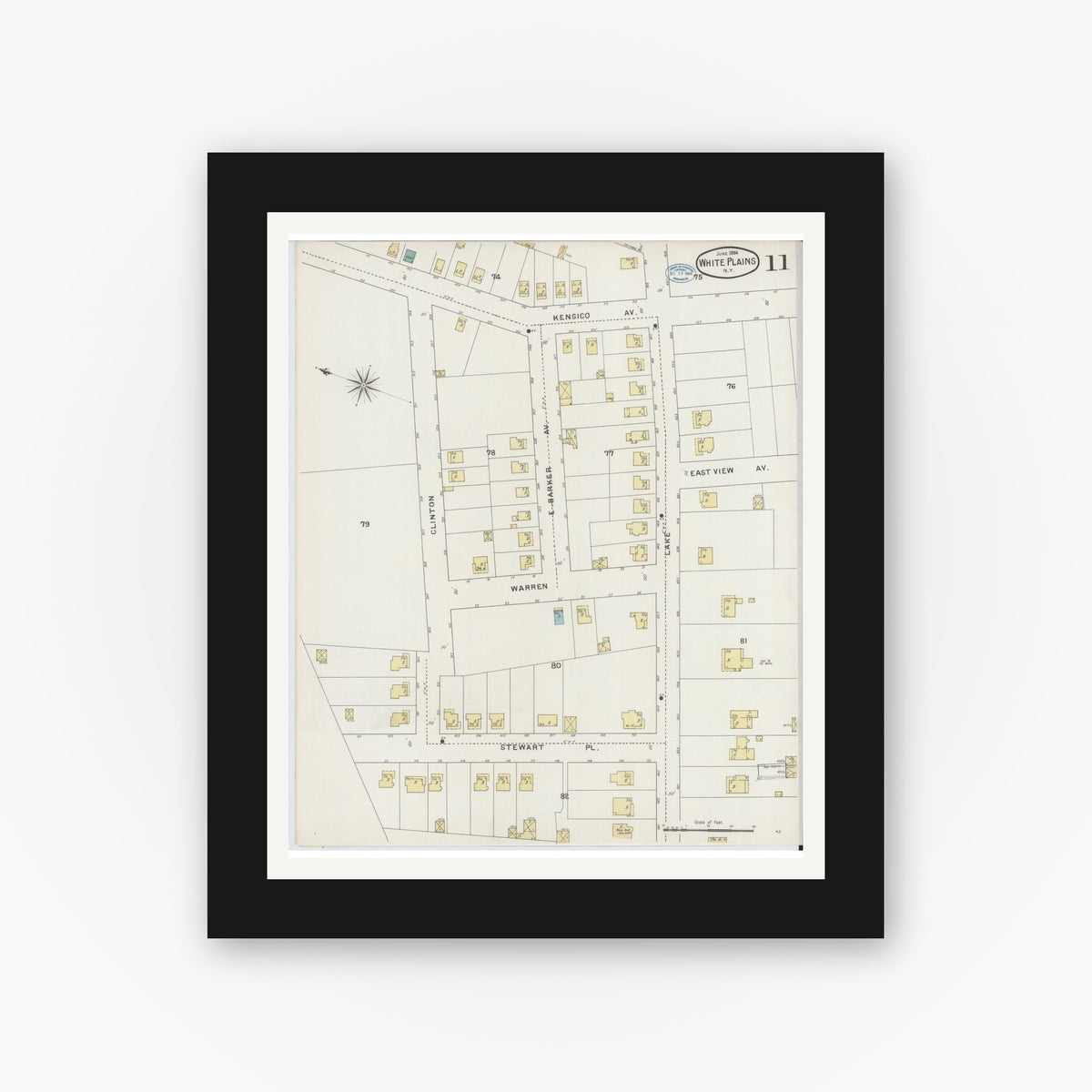 Old map wall art mockup — black gallery frame with white mat — Sanborn Fire Insurance Map from White Plains, Westchester County, New York (1894), Sheet #0011
