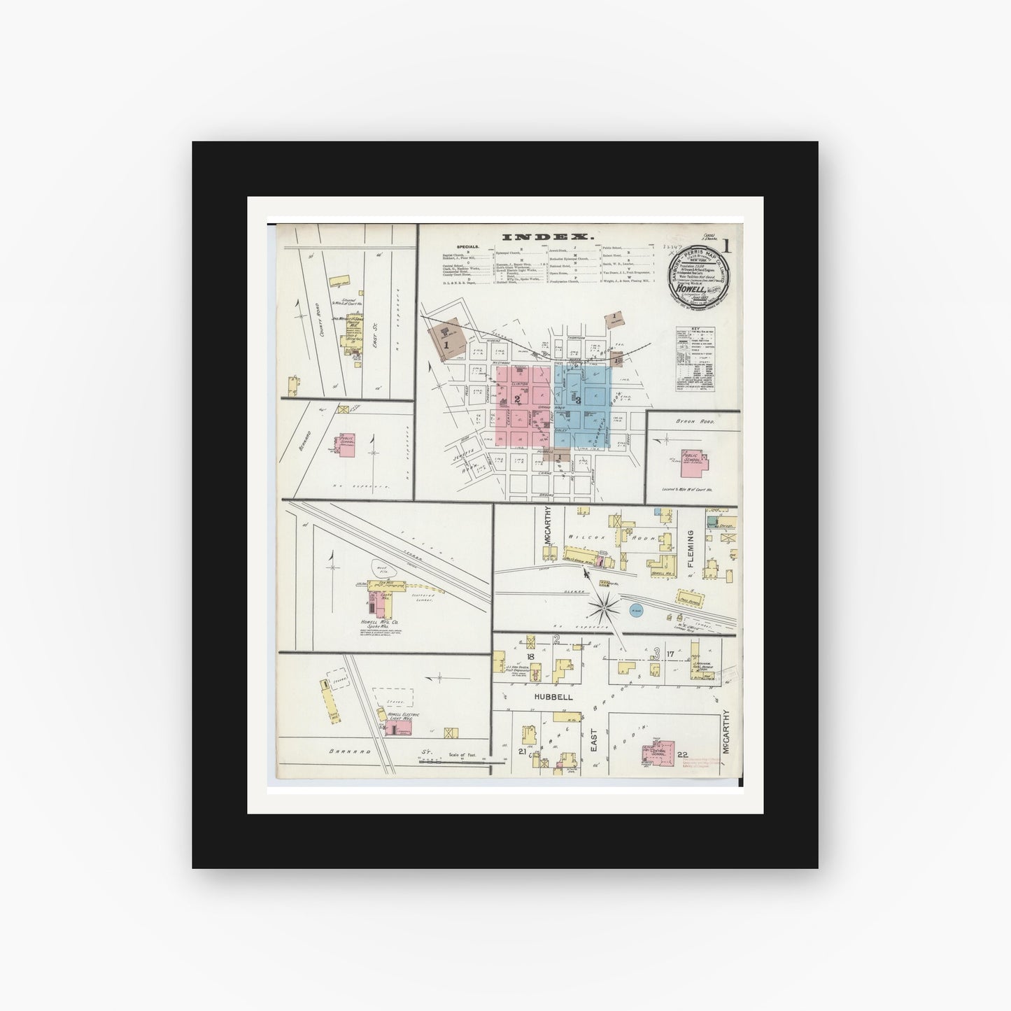 Old map wall art mockup — black gallery frame with white mat — Sanborn Fire Insurance Map from Howell, Livingston County, Michigan (1892), Sheet #0001