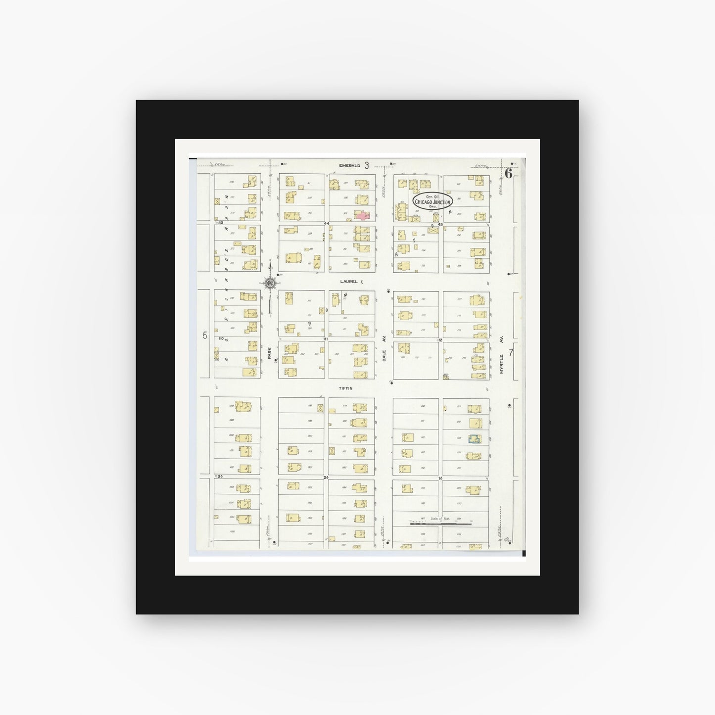 Old map wall art mockup — black gallery frame with white mat — Sanborn Fire Insurance Map from Chicago Junction, Huron County, Ohio (1911), Sheet #0006