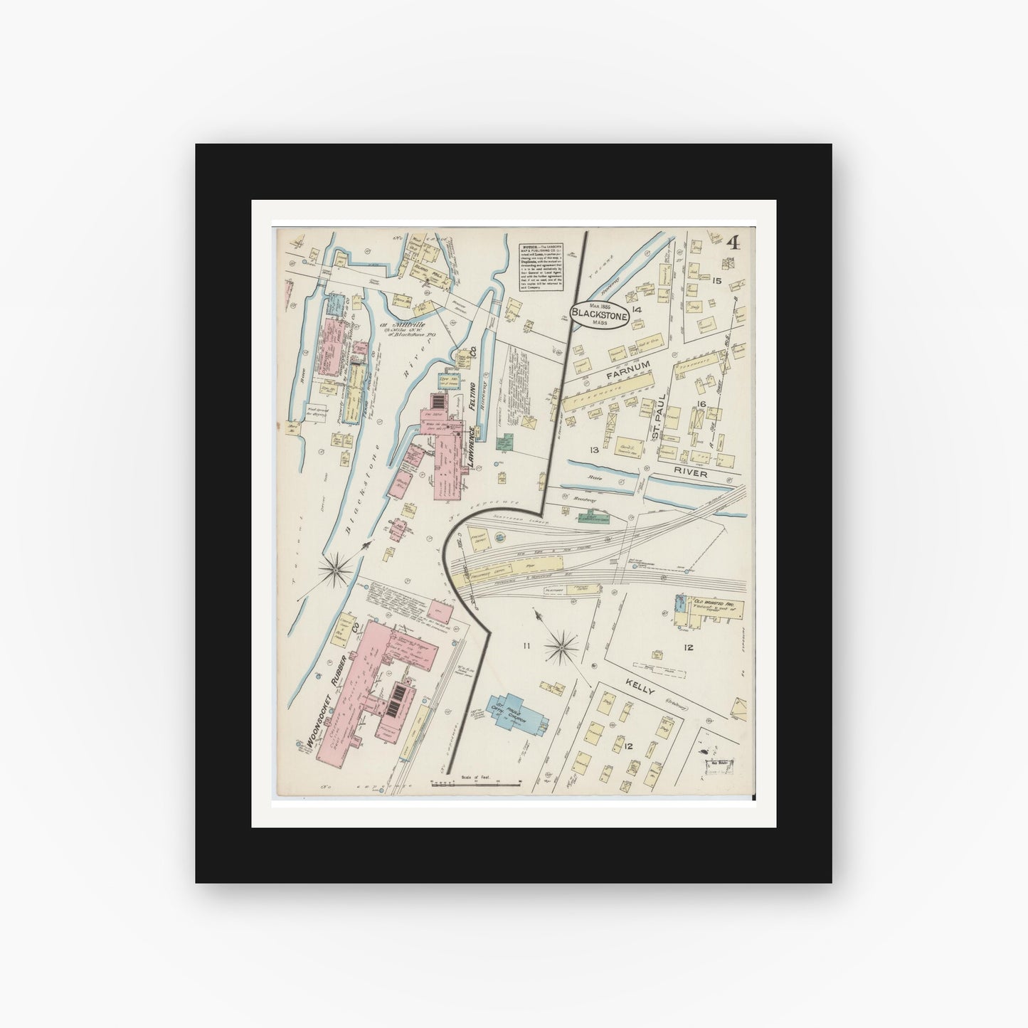 Old map wall art mockup — black gallery frame with white mat — Sanborn Fire Insurance Map from Blackstone, Worcester County, Massachusetts (1885), Sheet #0004