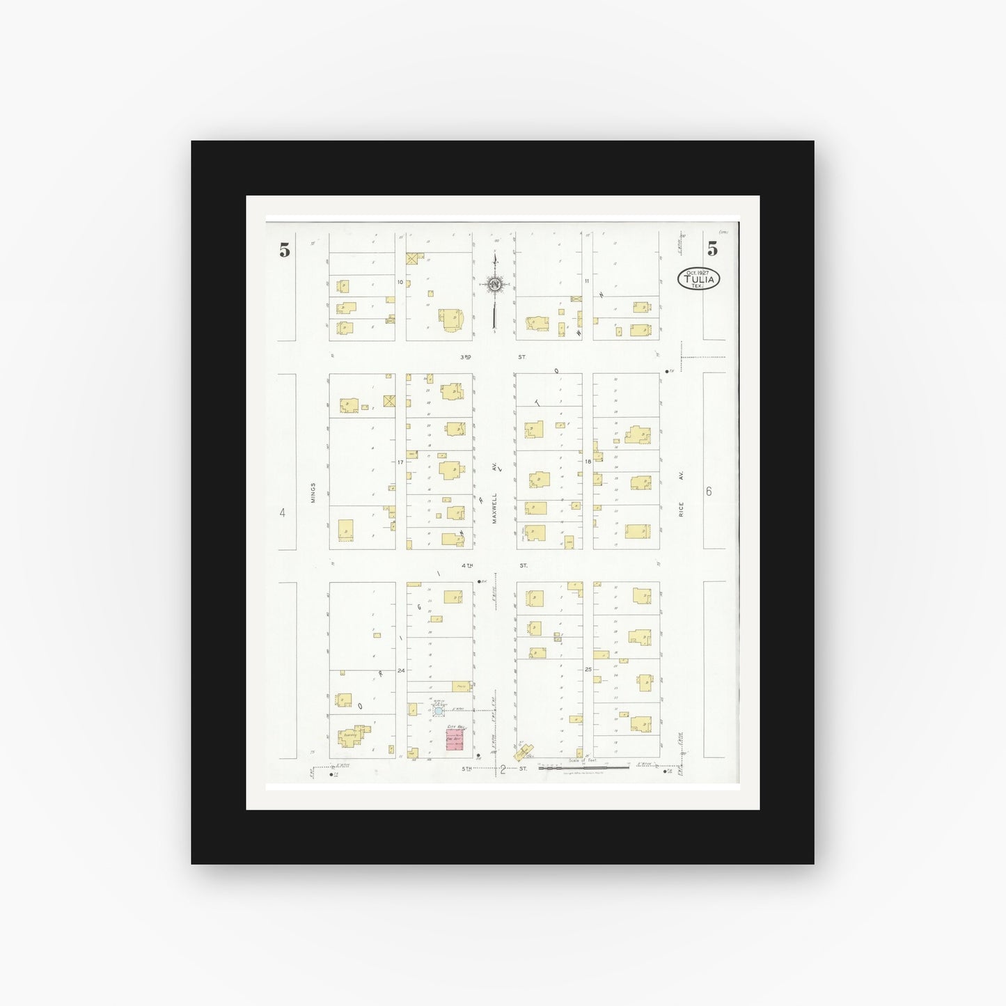 Old map wall art mockup — black gallery frame with white mat — Sanborn Fire Insurance Map from Tulia, Swisher County, Texas (1927), Sheet #0005