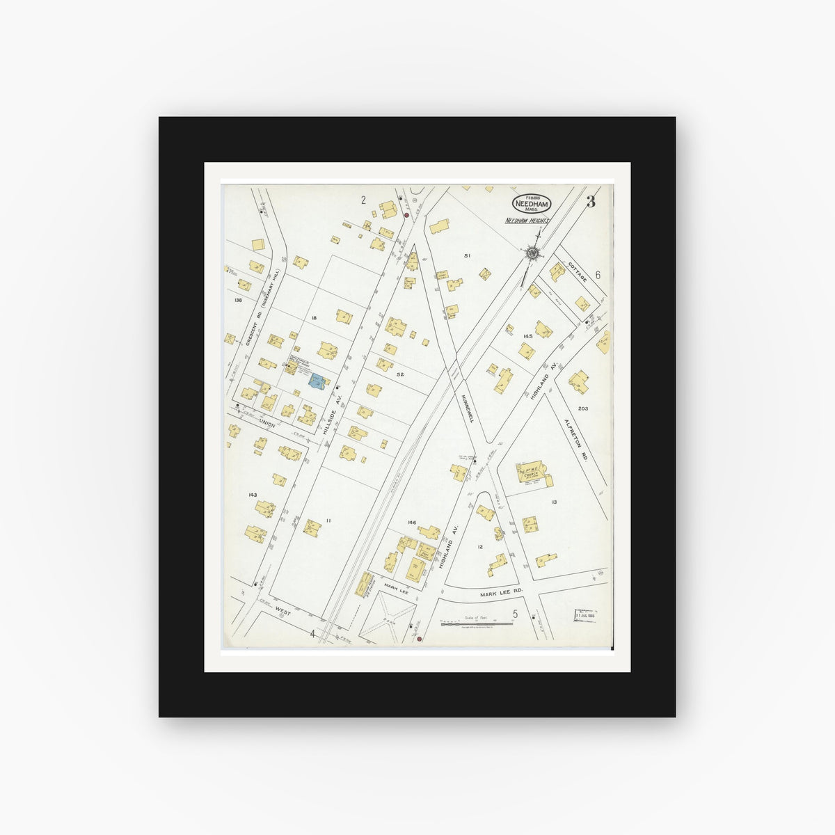 Old map wall art mockup — black gallery frame with white mat — Sanborn Fire Insurance Map from Needham, Norfolk County, Massachusetts (1919), Sheet #0003