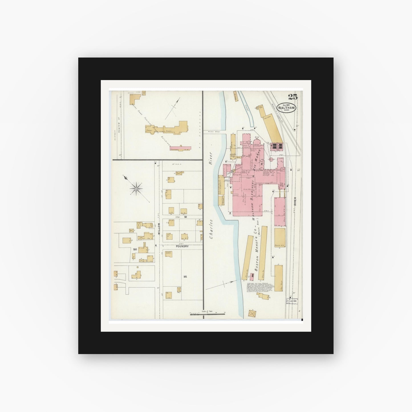 Old map wall art mockup — black gallery frame with white mat — Sanborn Fire Insurance Map from Waltham, Middlesex County, Massachusetts (1897), Sheet #0025