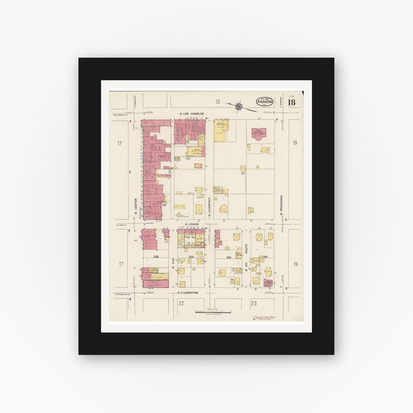Old map wall art mockup — black gallery frame with white mat — Sanborn Fire Insurance Map from Anaheim, Orange County, California (1922), Sheet #0018