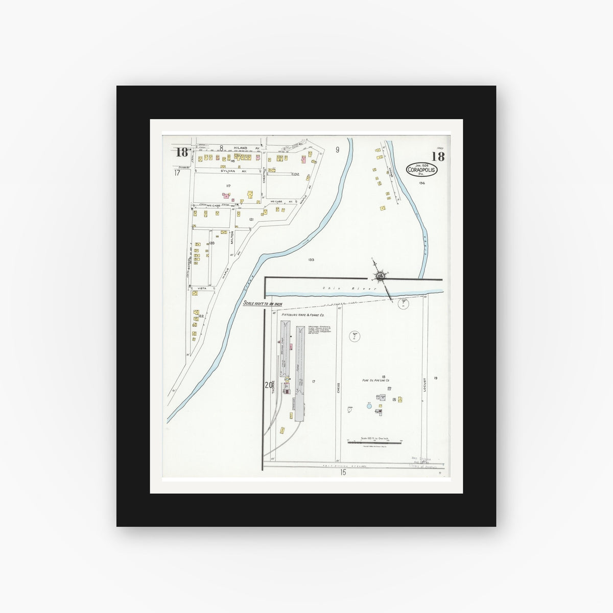 Old map wall art mockup β black gallery frame with white mat β Sanborn Fire Insurance Map from Coraopolis, Allegheny County, Pennsylvania (1924), Sheet #0018