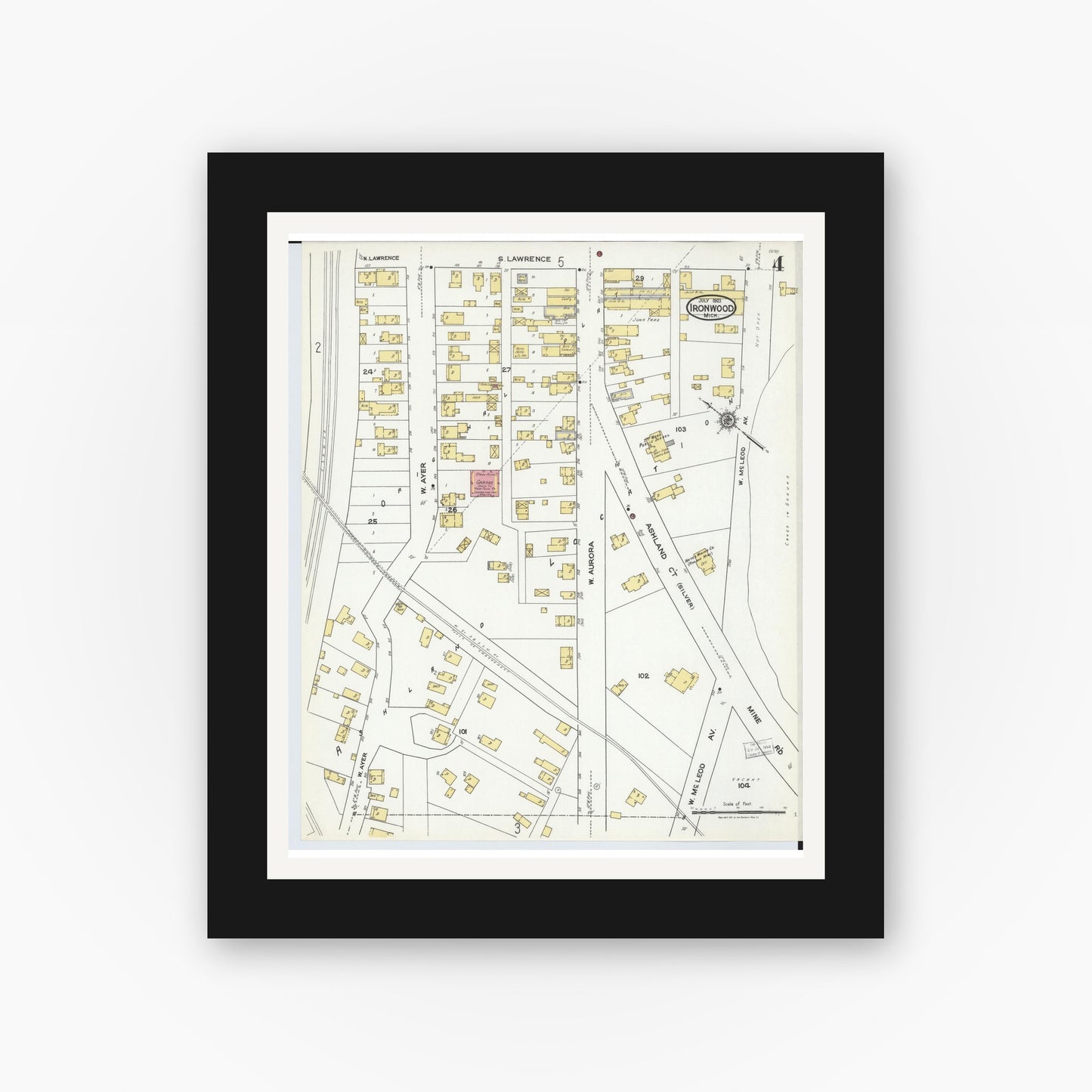 Old map wall art mockup — black gallery frame with white mat — Sanborn Fire Insurance Map from Ironwood, Gogebic County, Michigan (1921), Sheet #0004