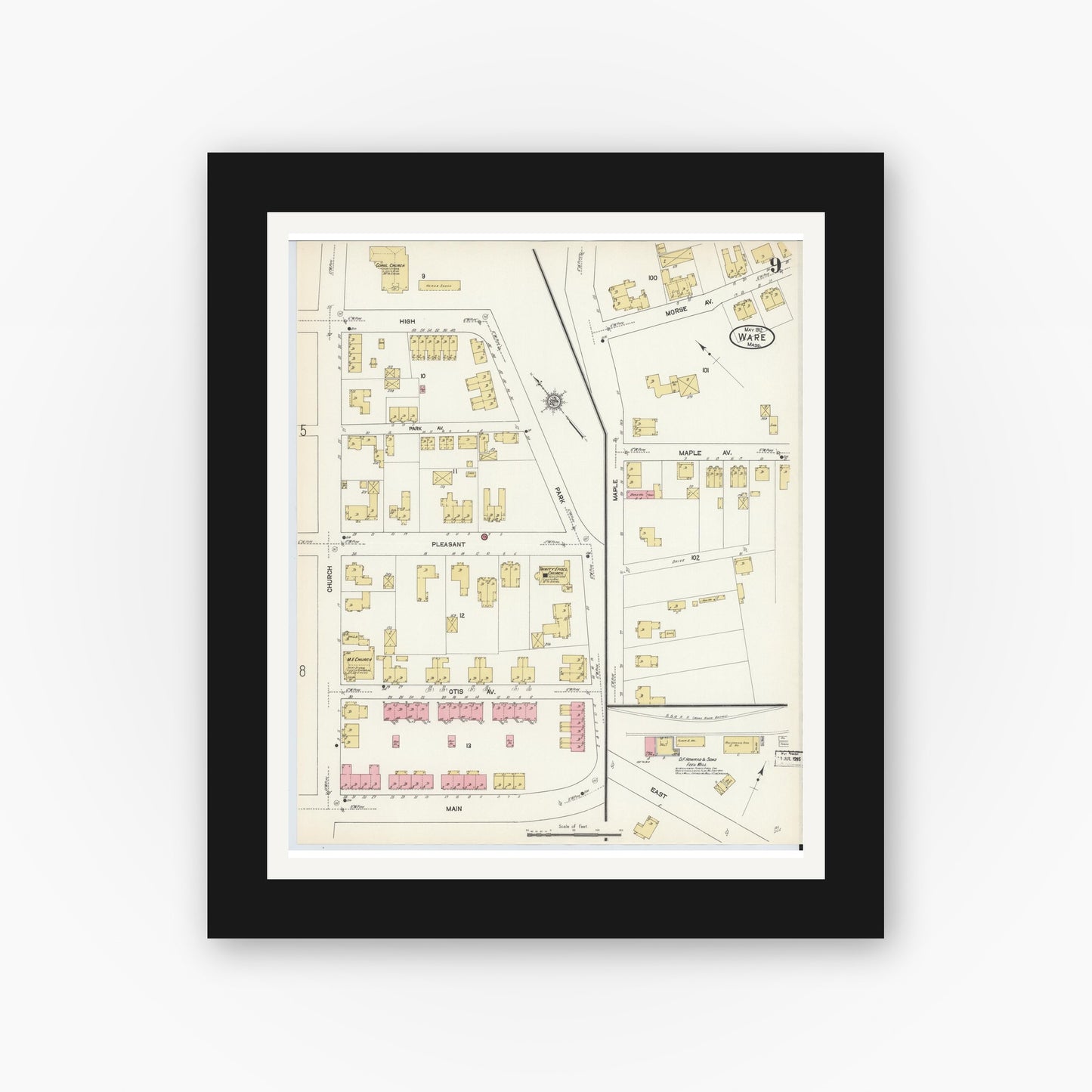 Old map wall art mockup — black gallery frame with white mat — Sanborn Fire Insurance Map from Ware, Hampshire County, Massachusetts (1912), Sheet #0009