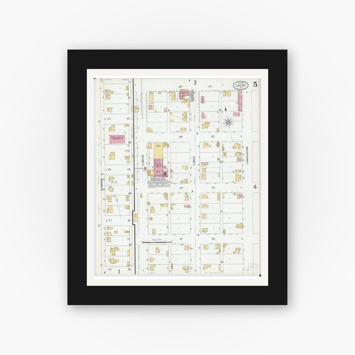 Old map wall art mockup — black gallery frame with white mat — Sanborn Fire Insurance Map from Lacon, Marshall County, Illinois (1899), Sheet #0005