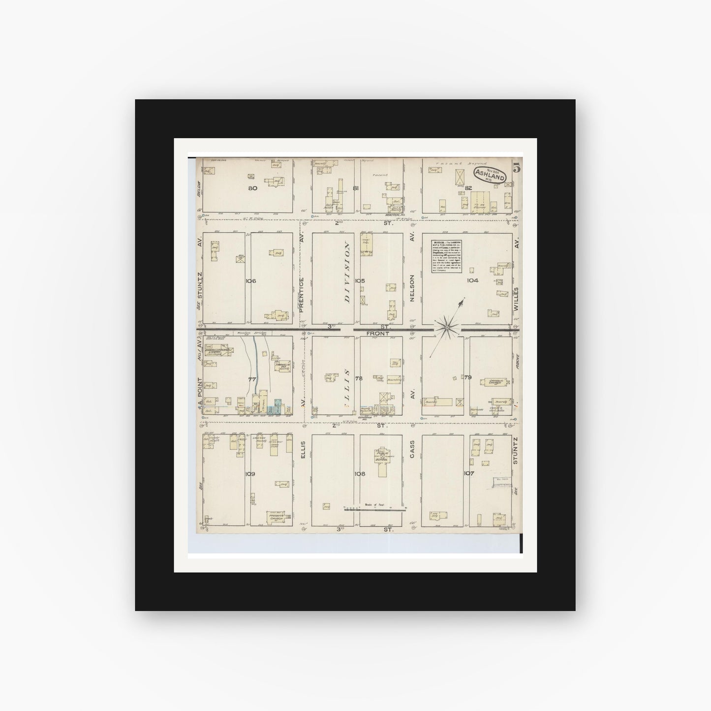 Old map wall art mockup — black gallery frame with white mat — Sanborn Fire Insurance Map from Ashland, Ashland County, Wisconsin (1884), Sheet #0005