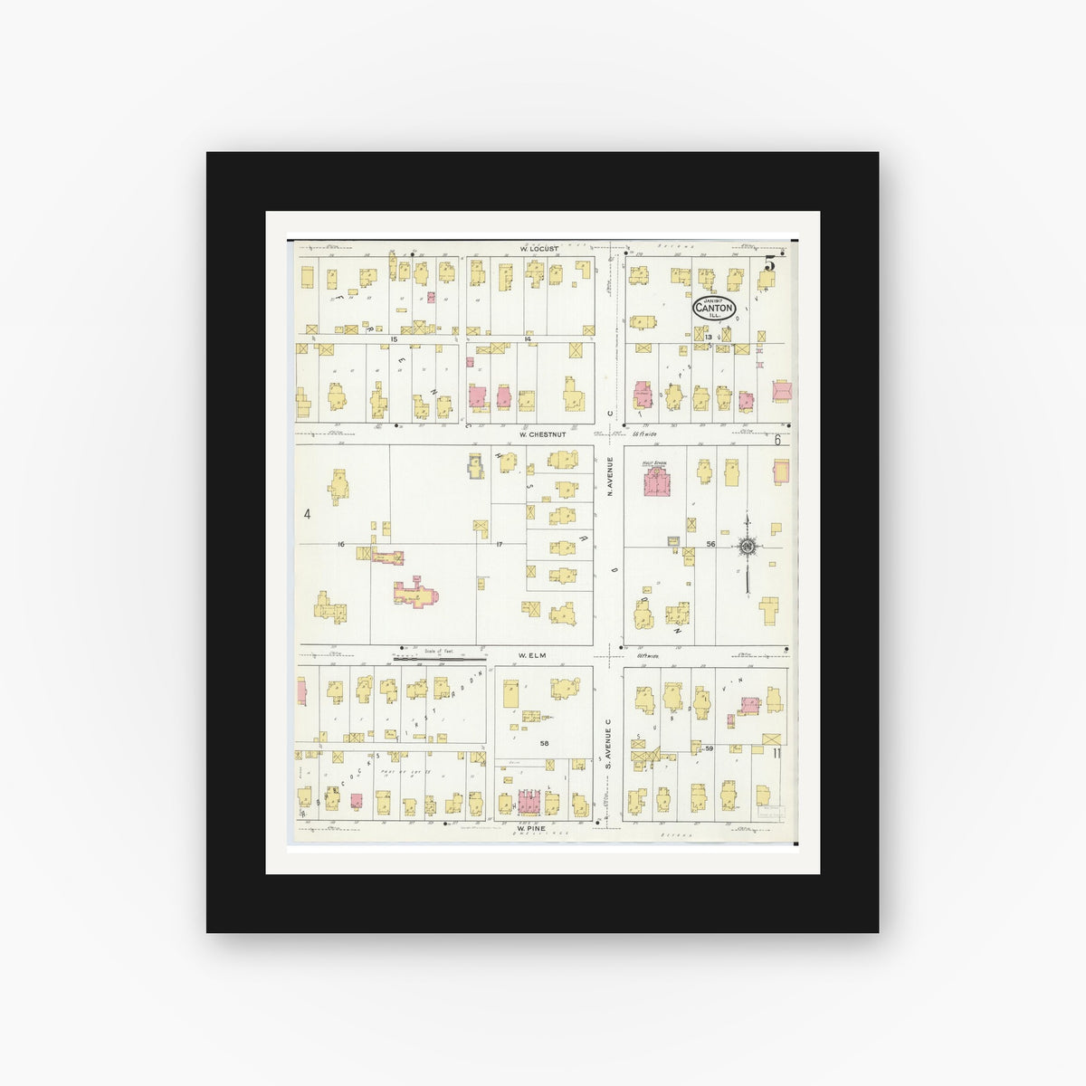 Old map wall art mockup — black gallery frame with white mat — Sanborn Fire Insurance Map from Canton, Fulton County, Illinois (1917), Sheet #0005