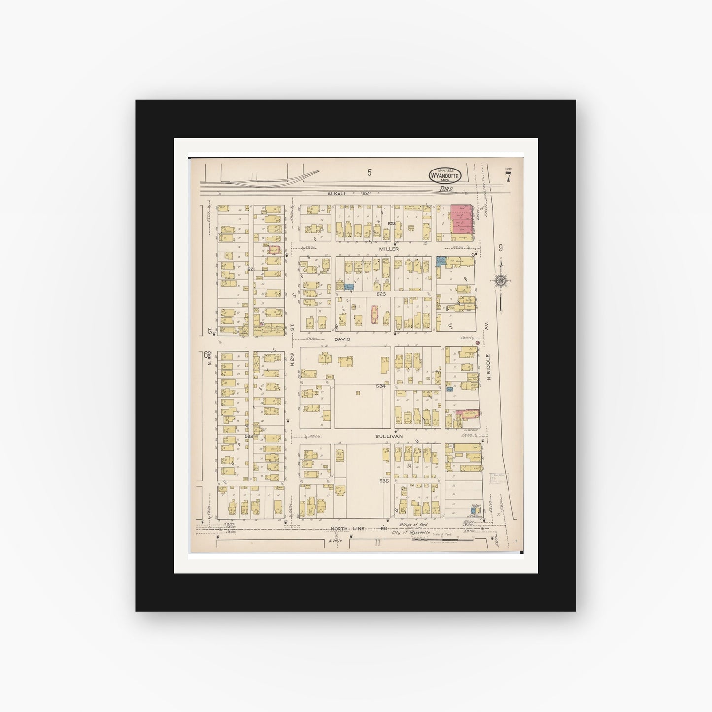 Old map wall art mockup — black gallery frame with white mat — Sanborn Fire Insurance Map from Wyandotte, Wayne County, Michigan (1922), Sheet #0007