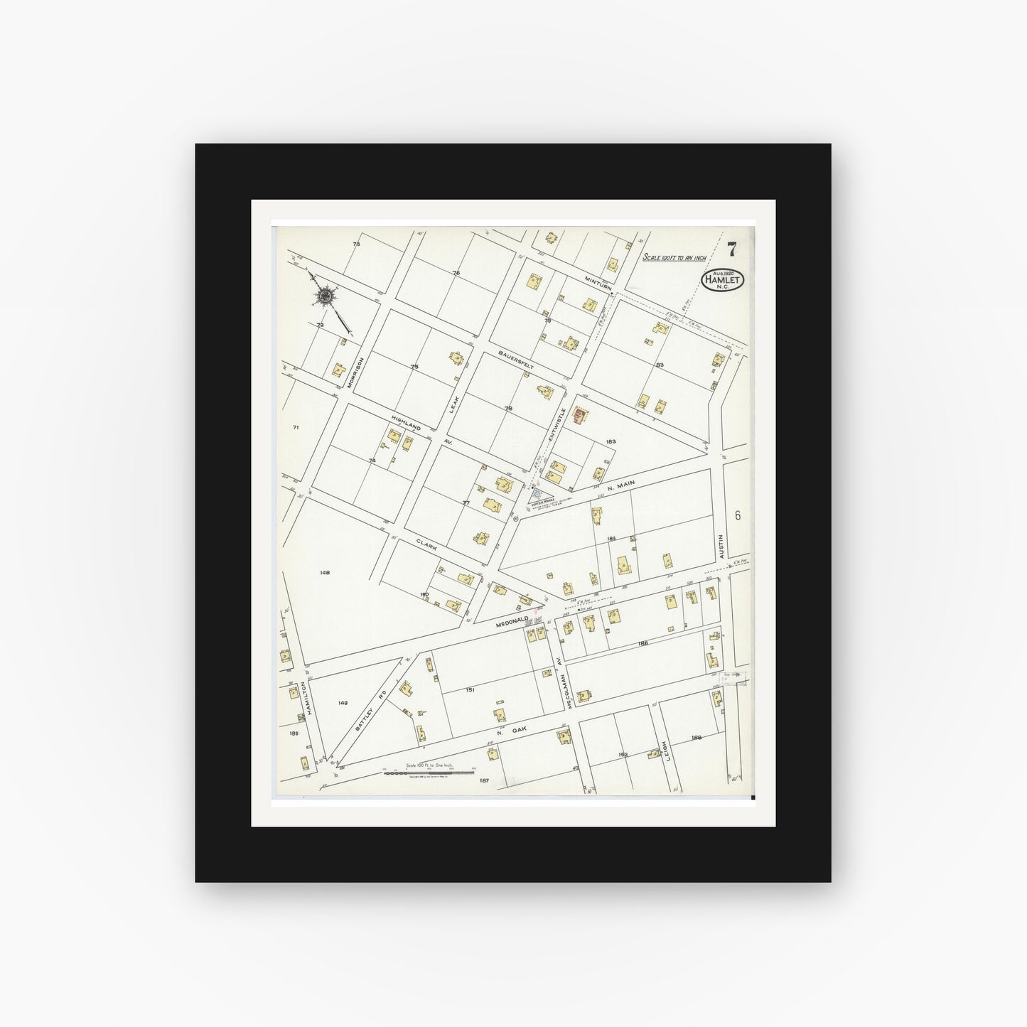 Old map wall art mockup — black gallery frame with white mat — Sanborn Fire Insurance Map from Hamlet, Richmond County, North Carolina (1920), Sheet #0007