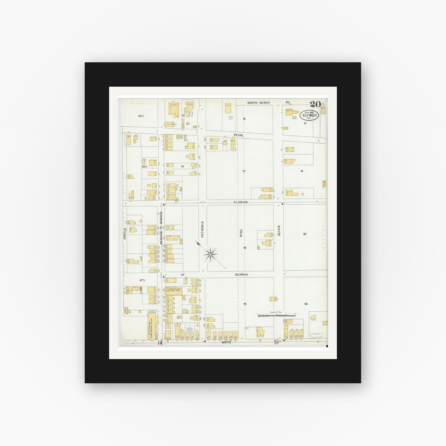 Old map wall art mockup — black gallery frame with white mat — Sanborn Fire Insurance Map from Key West, Monroe County, Florida (1899), Sheet #0020