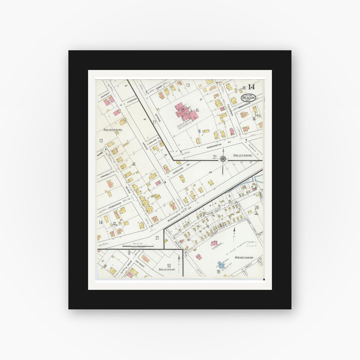Old map wall art mockup — black gallery frame with white mat — Sanborn Fire Insurance Map from Beacon, Dutchess County, New York (1919), Sheet #0014