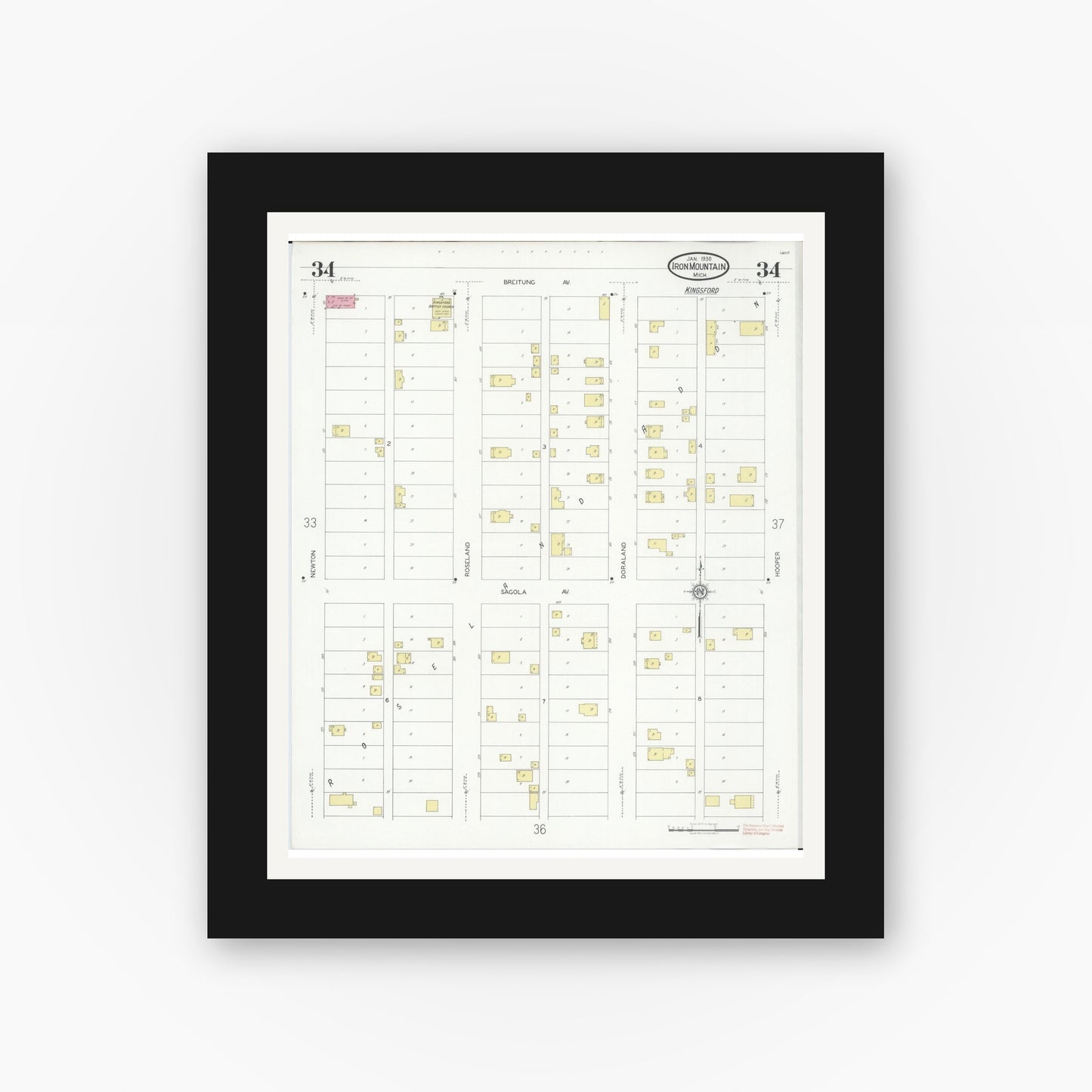 Old map wall art mockup — black gallery frame with white mat — Sanborn Fire Insurance Map from Iron Mountain, Dickinson County, Michigan (1930), Sheet #0034