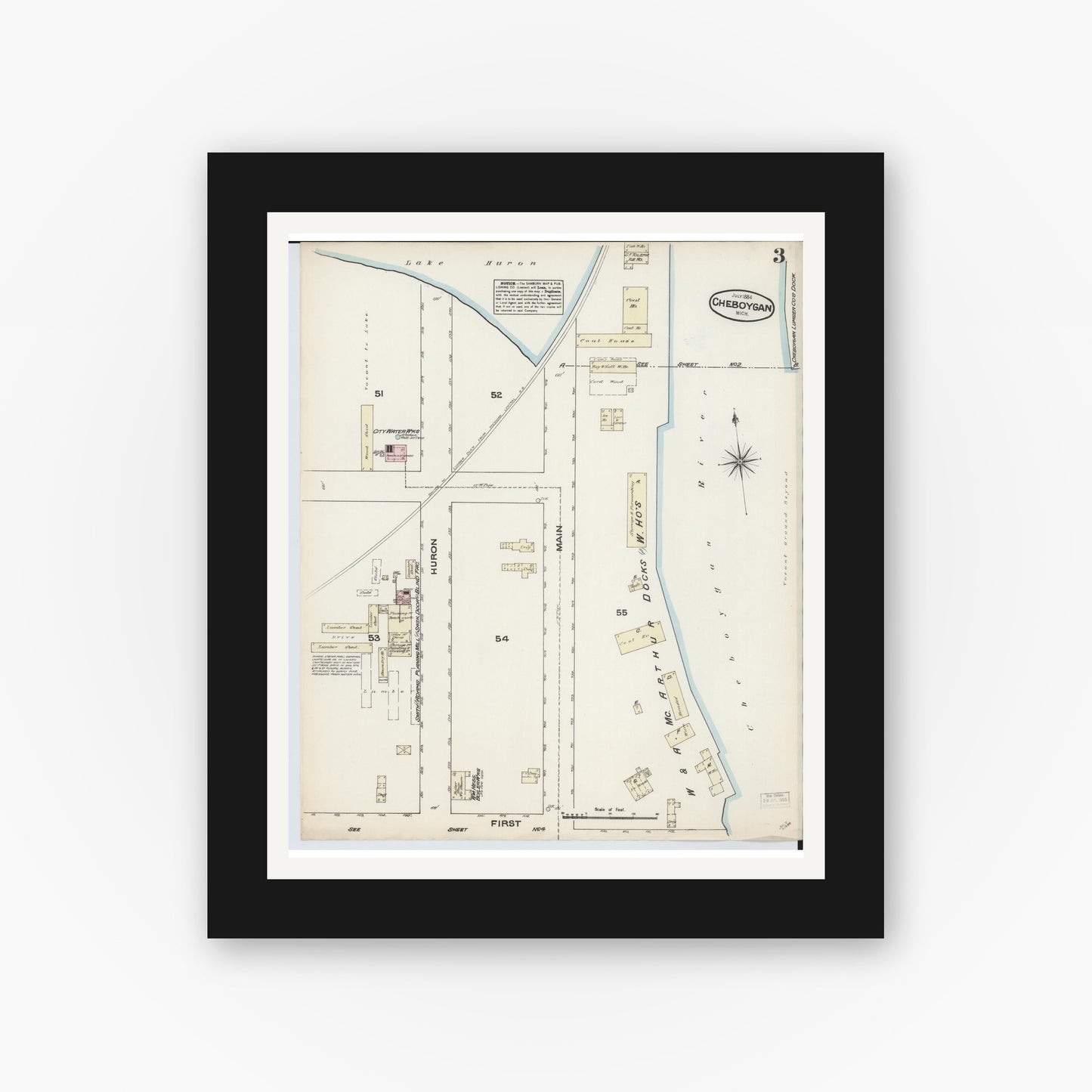 Old map wall art mockup — black gallery frame with white mat — Sanborn Fire Insurance Map from Cheboygan, Cheboygan County, Michigan (1884), Sheet #0003