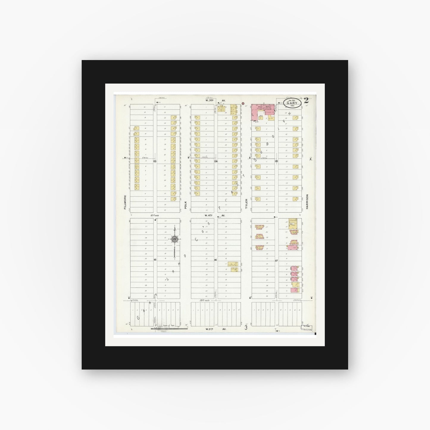 Old map wall art mockup — black gallery frame with white mat — Sanborn Fire Insurance Map from Gary, Lake County, Indiana (1911), Sheet #0002