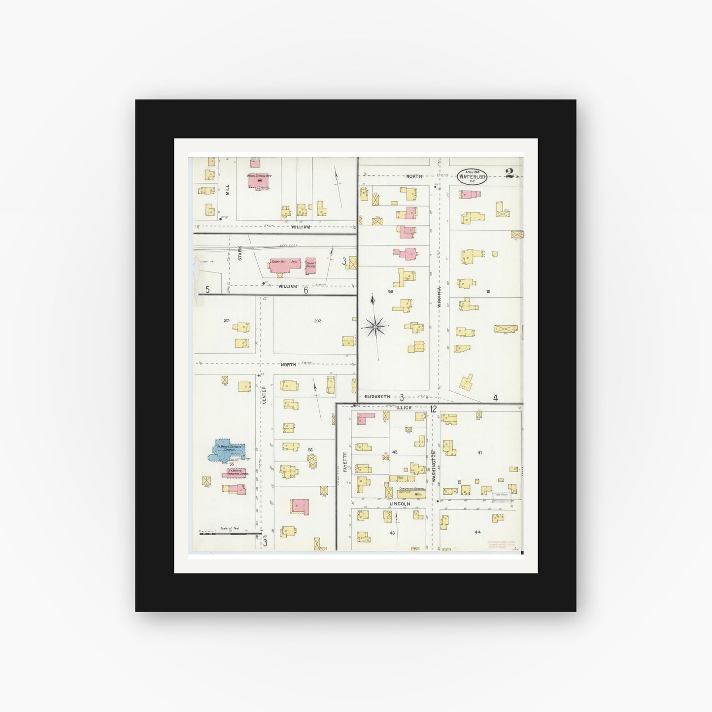 Old map wall art mockup — black gallery frame with white mat — Sanborn Fire Insurance Map from Waterloo, Seneca County, New York (1904), Sheet #0002