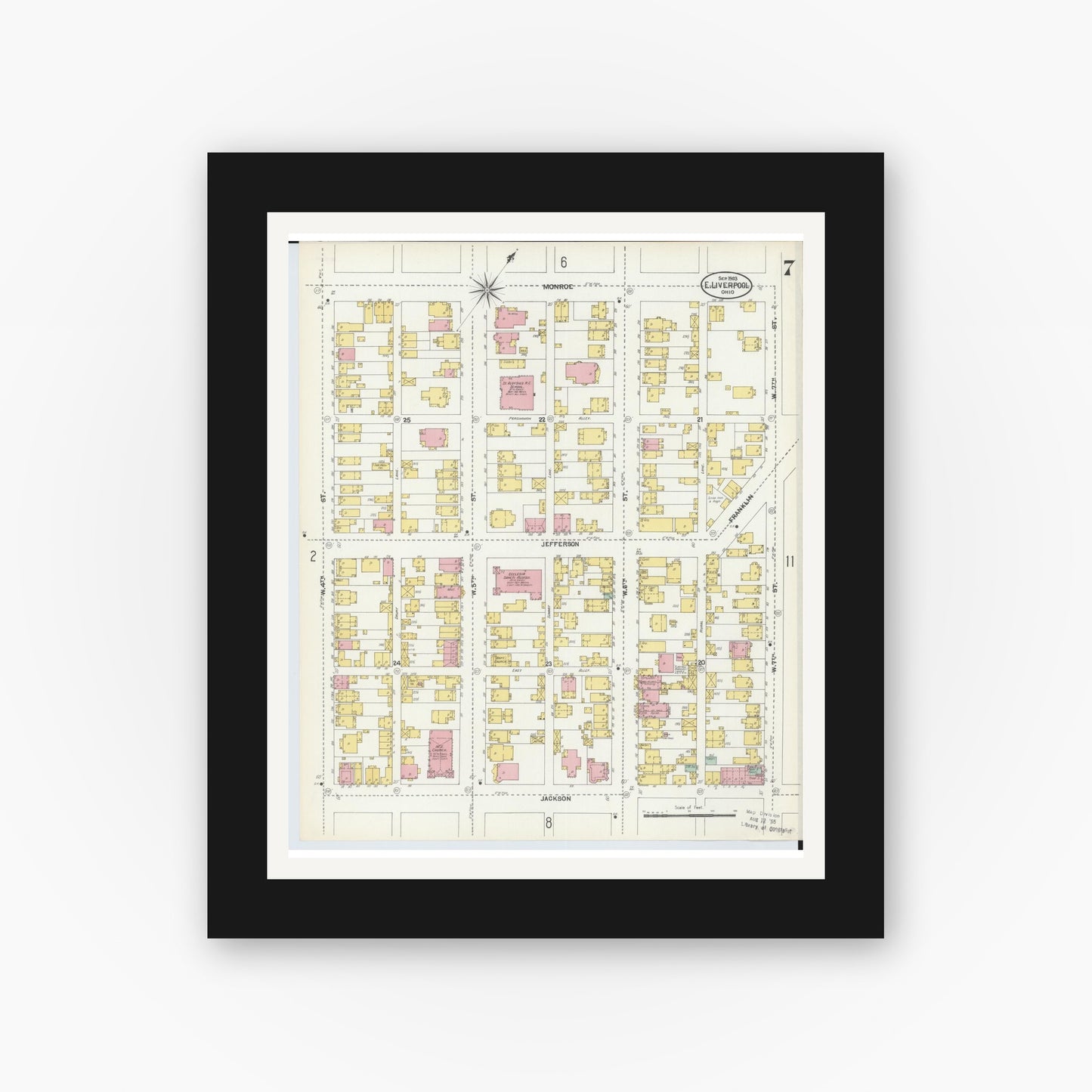 Old map wall art mockup — black gallery frame with white mat — Sanborn Fire Insurance Map from East Liverpool, Columbiana County, Ohio (1903), Sheet #0007