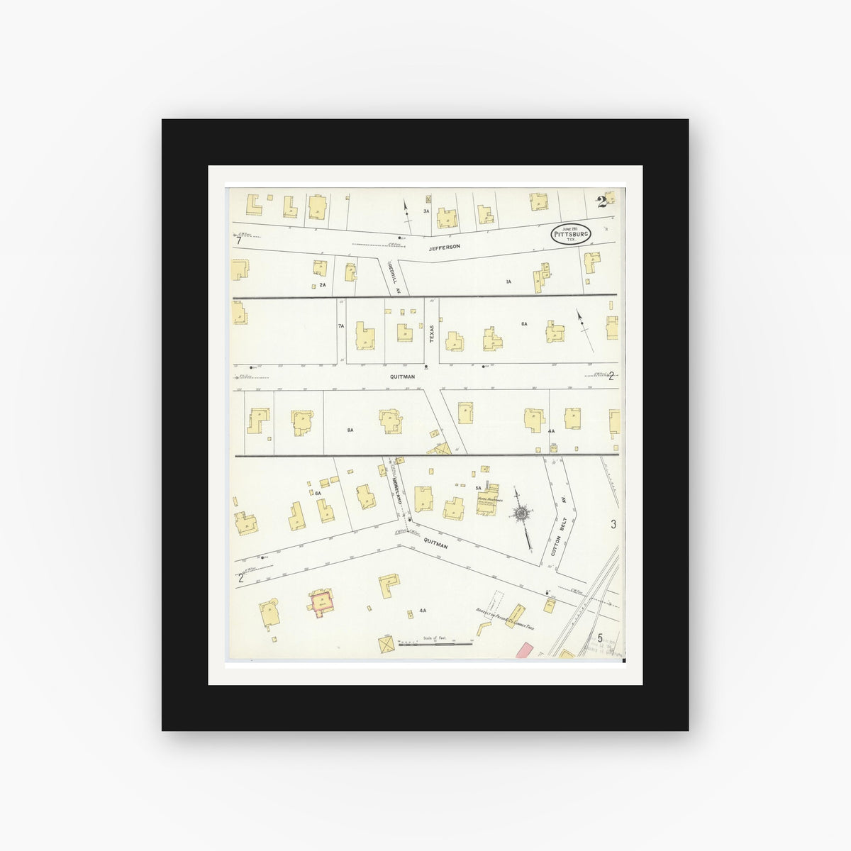 Old map wall art mockup — black gallery frame with white mat — Sanborn Fire Insurance Map from Pittsburg, Camp County, Texas (1911), Sheet #0002