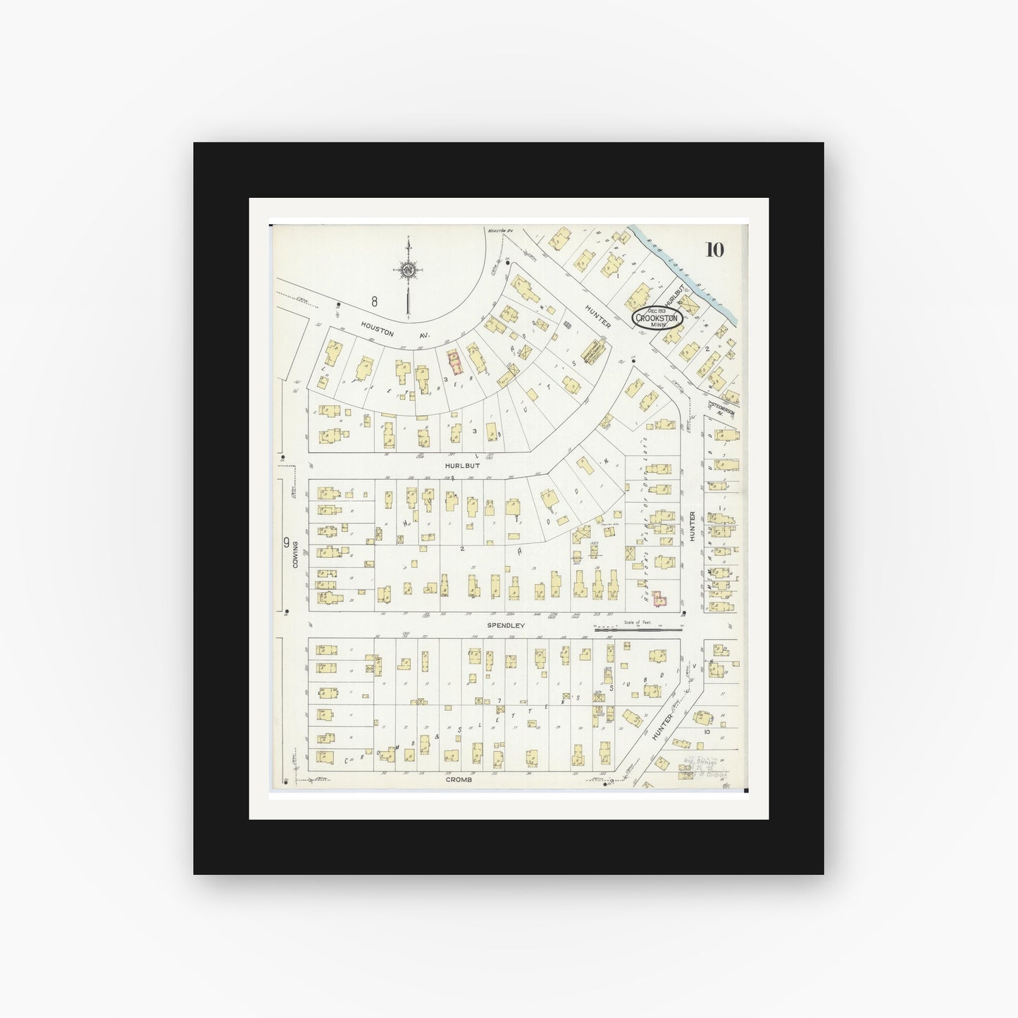 Old map wall art mockup — black gallery frame with white mat — Sanborn Fire Insurance Map from Crookston, Polk County, Minnesota (1913), Sheet #0010
