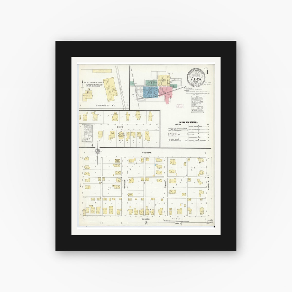 Old map wall art mockup — black gallery frame with white mat — Sanborn Fire Insurance Map from Lynn, Randolph County, Indiana (1912), Sheet #0001