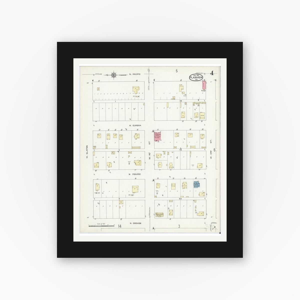 Old map wall art mockup — black gallery frame with white mat — Sanborn Fire Insurance Map from Plainview, Hale County, Texas (1914), Sheet #0004