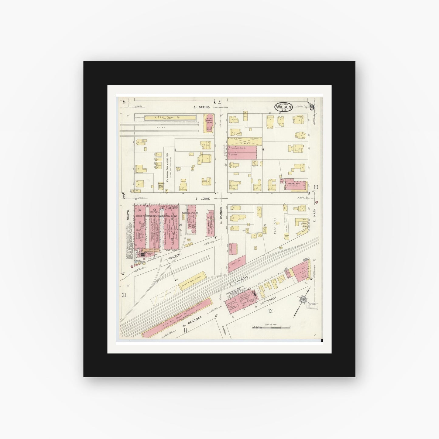 Old map wall art mockup — black gallery frame with white mat — Sanborn Fire Insurance Map from Wilson, Wilson County, North Carolina (1913), Sheet #0009