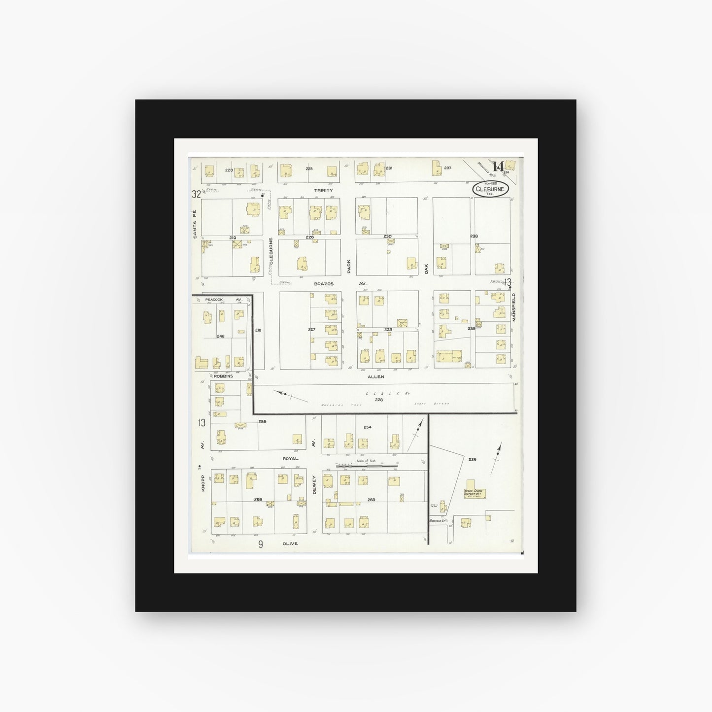 Old map wall art mockup — black gallery frame with white mat — Sanborn Fire Insurance Map from Cleburne, Johnson County, Texas (1910), Sheet #0014