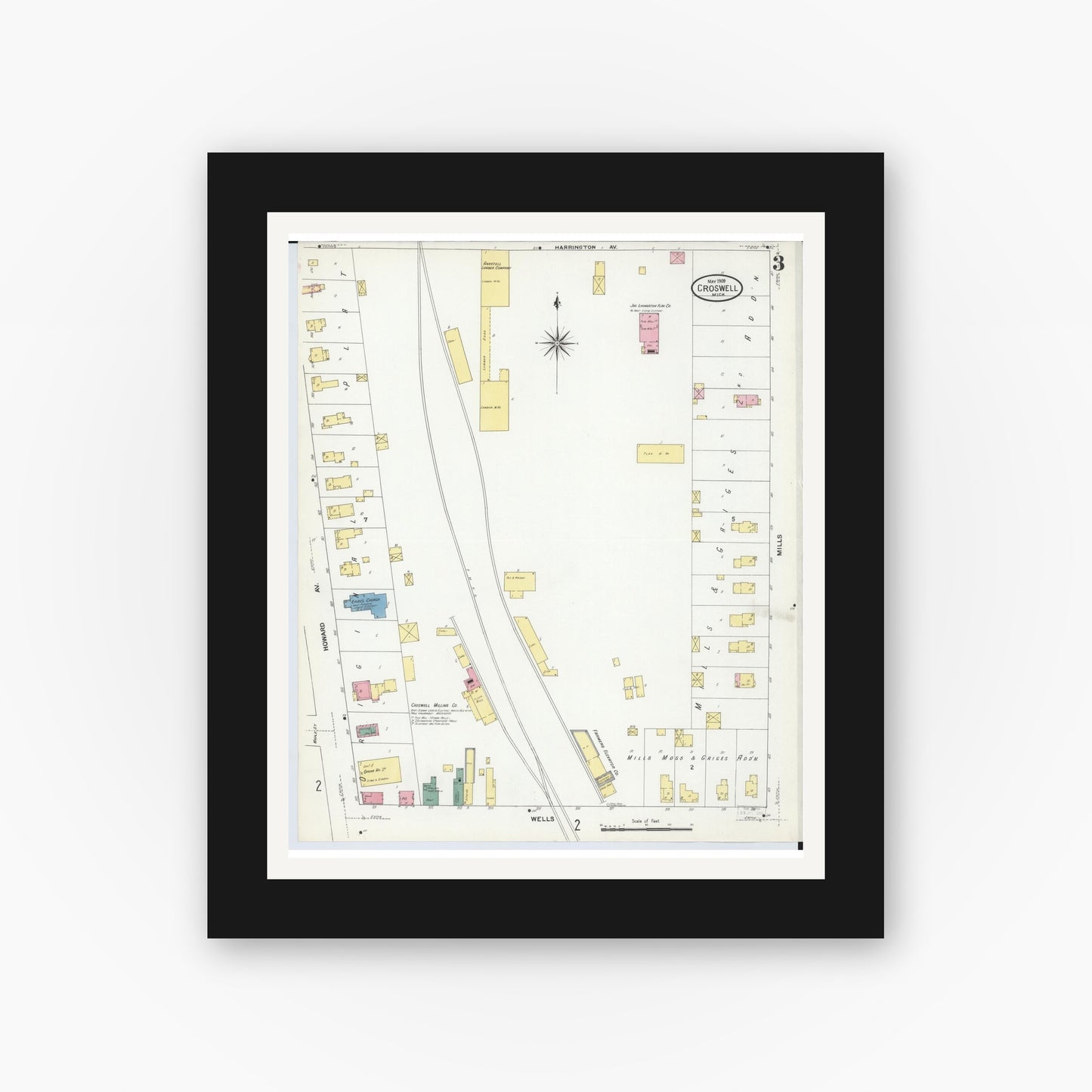 Old map wall art mockup — black gallery frame with white mat — Sanborn Fire Insurance Map from Croswell, Sanilac County, Michigan (1909), Sheet #0003