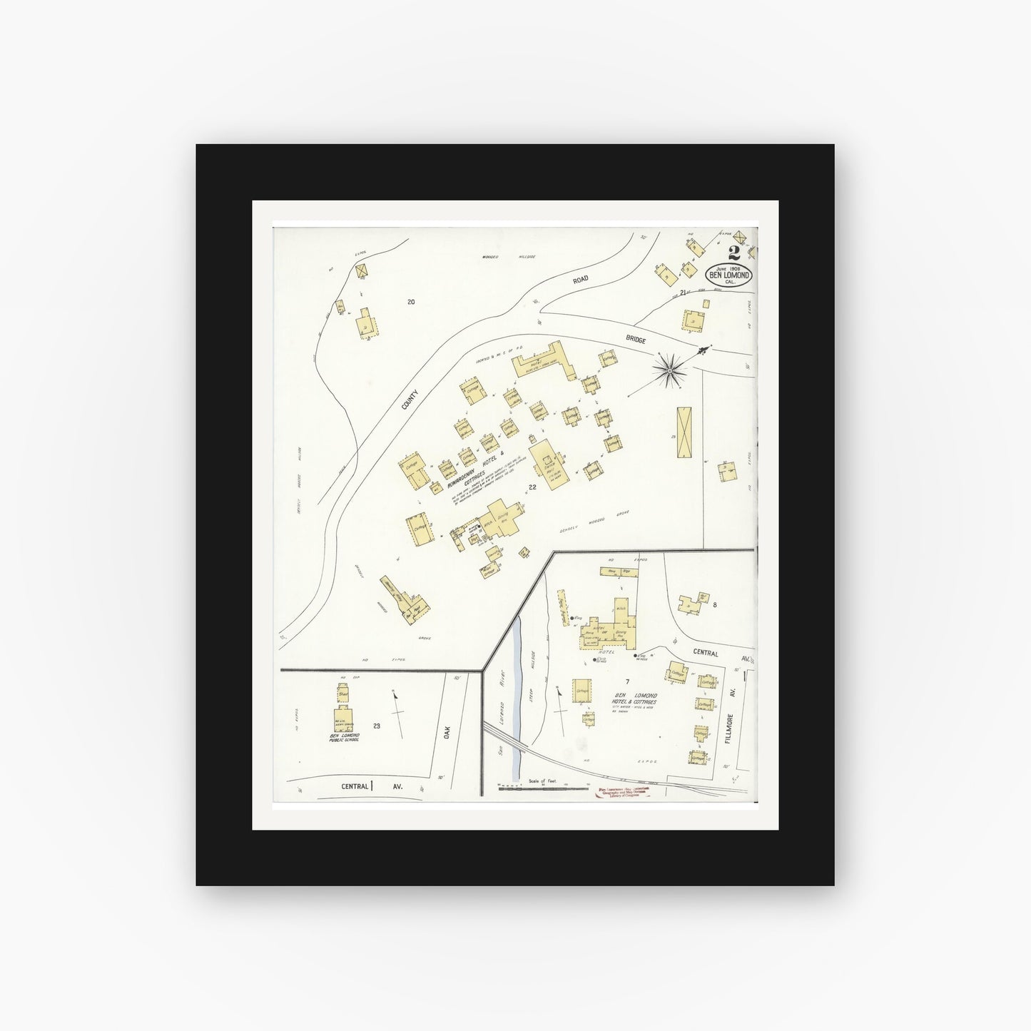 Old map wall art mockup — black gallery frame with white mat — Sanborn Fire Insurance Map from Ben Lomond, Santa Cruz County, California (1908), Sheet #0002