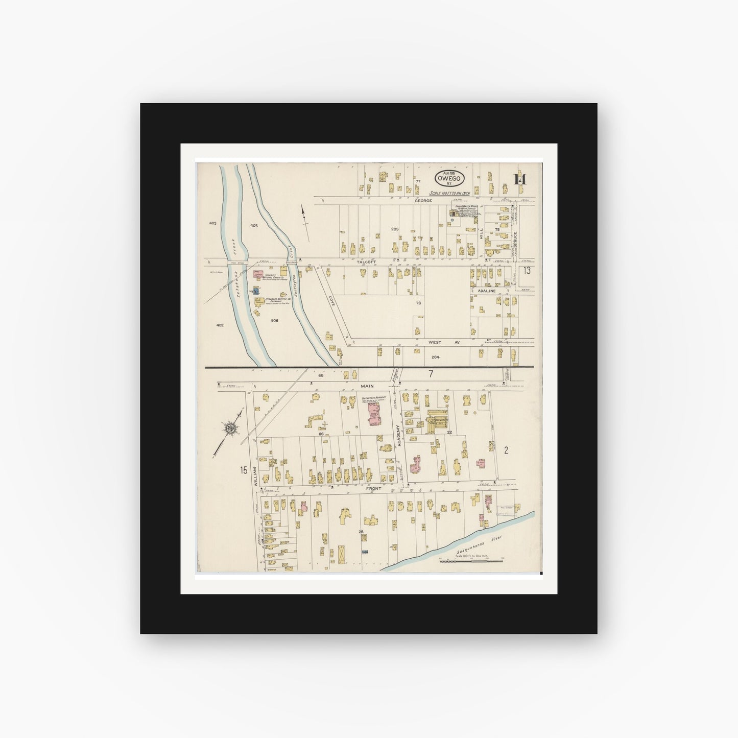 Old map wall art mockup — black gallery frame with white mat — Sanborn Fire Insurance Map from Owego, Tioga County, New York (1915), Sheet #0014