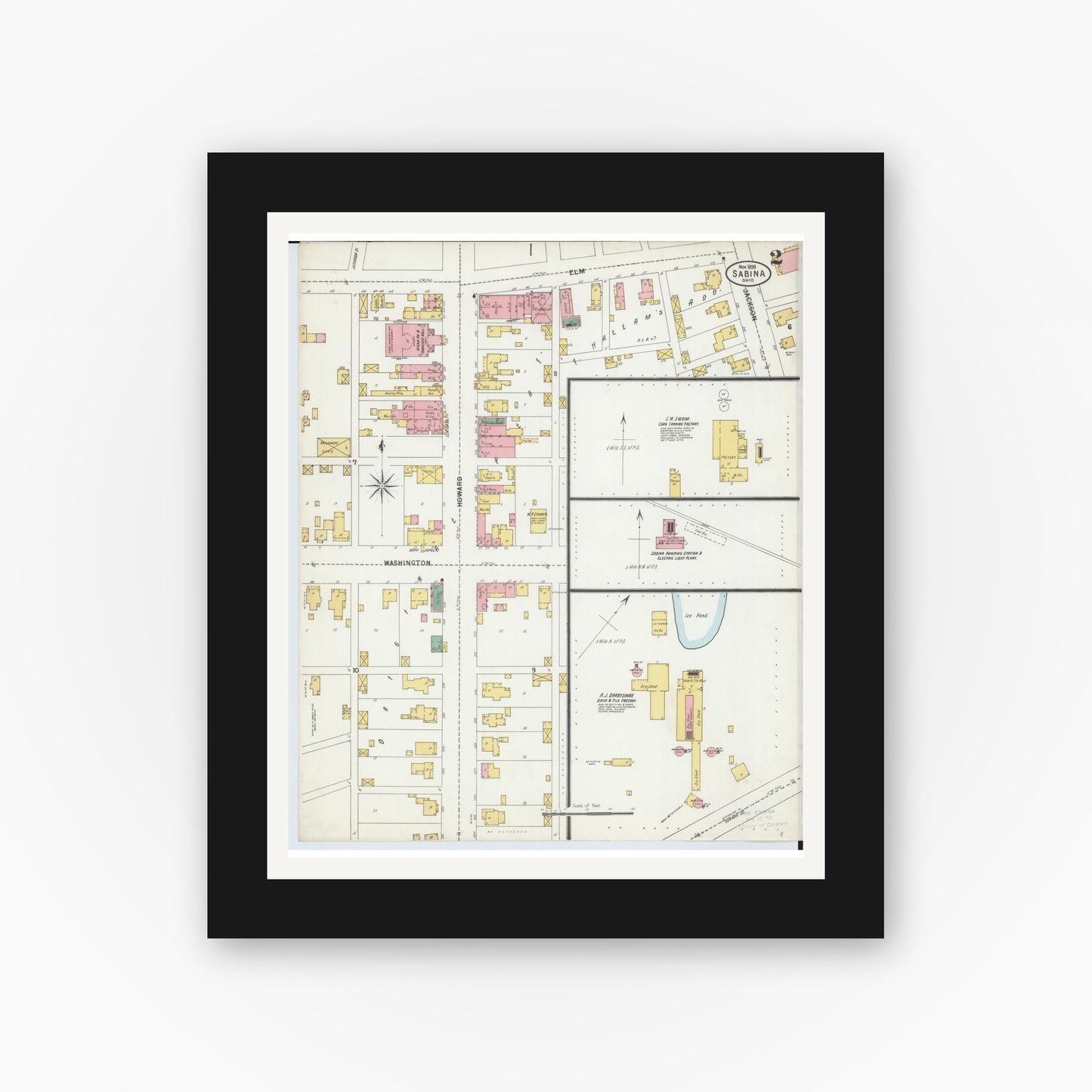 Old map wall art mockup — black gallery frame with white mat — Sanborn Fire Insurance Map from Sabina, Clinton County, Ohio (1899), Sheet #0002