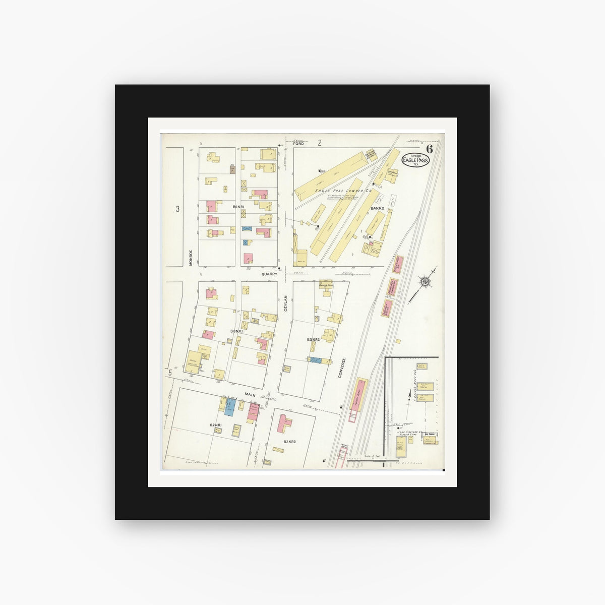Old map wall art mockup — black gallery frame with white mat — Sanborn Fire Insurance Map from Eagle Pass, Maverick County, Texas (1916), Sheet #0006