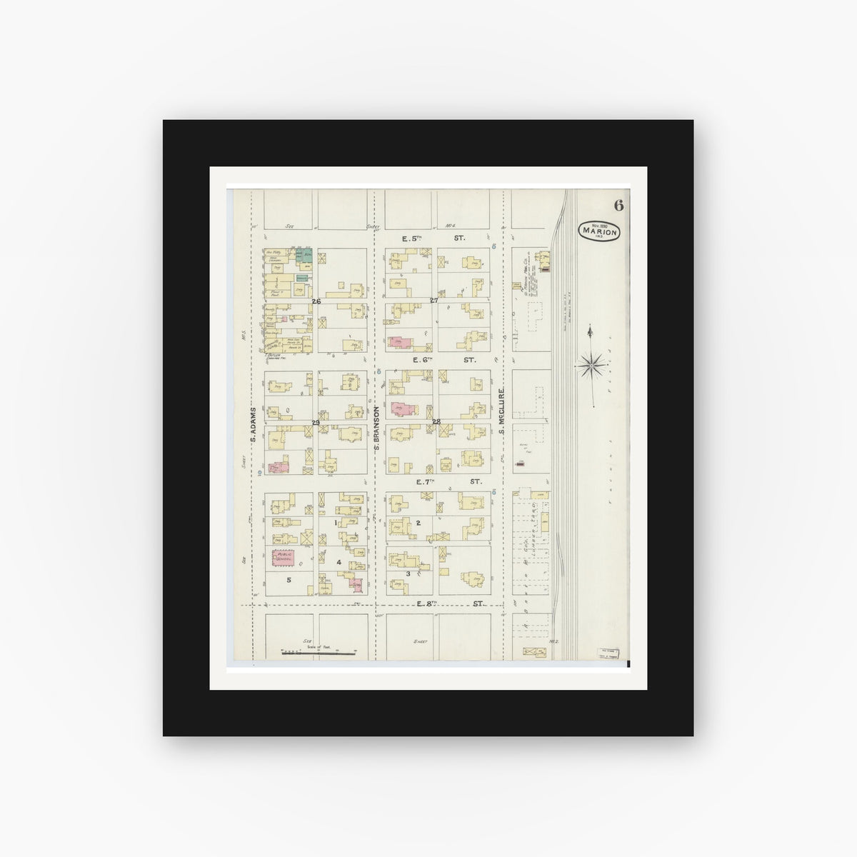 Old map wall art mockup — black gallery frame with white mat — Sanborn Fire Insurance Map from Marion, Grant County, Indiana (1890), Sheet #0006