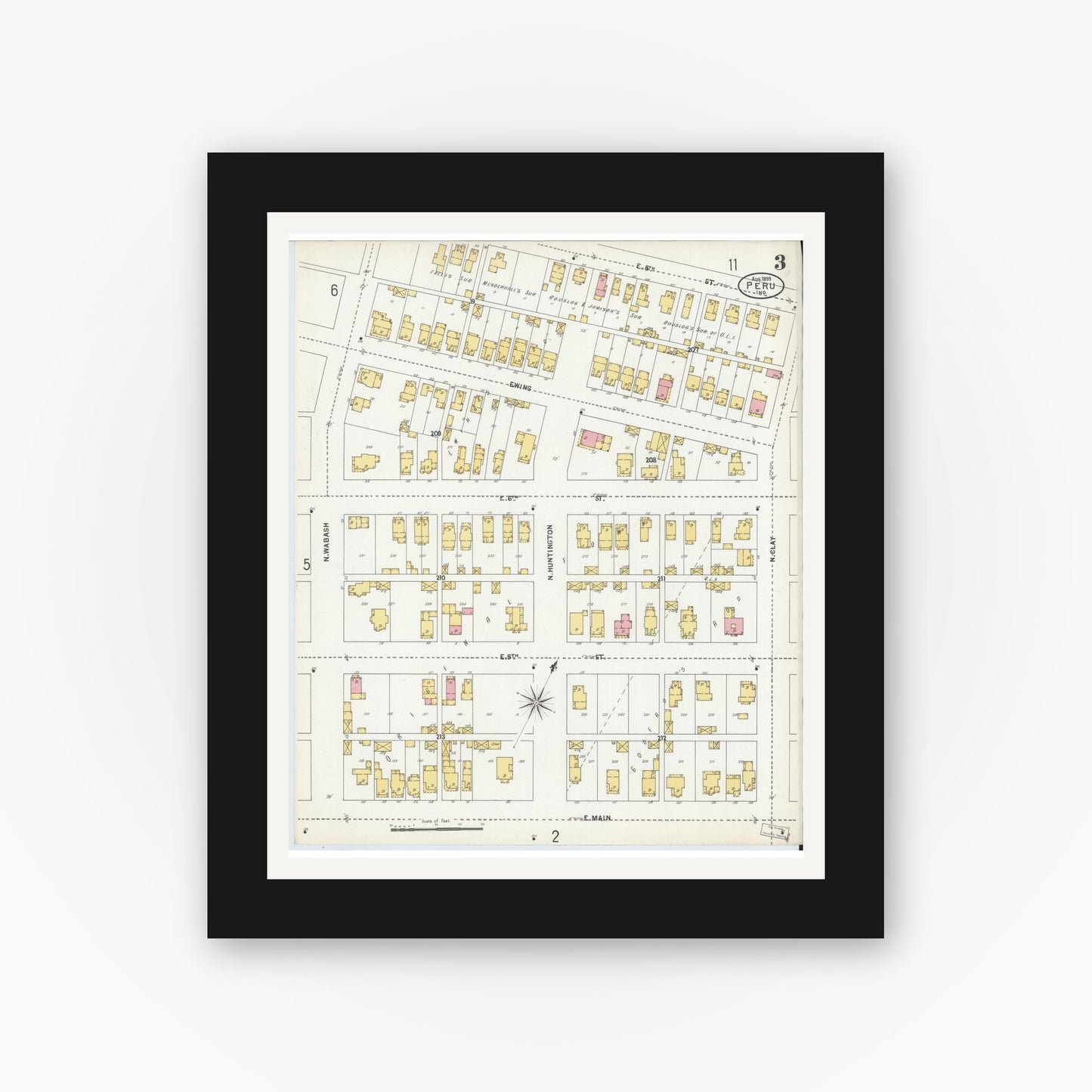 Old map wall art mockup — black gallery frame with white mat — Sanborn Fire Insurance Map from Peru, Miami County, Indiana (1899), Sheet #0003