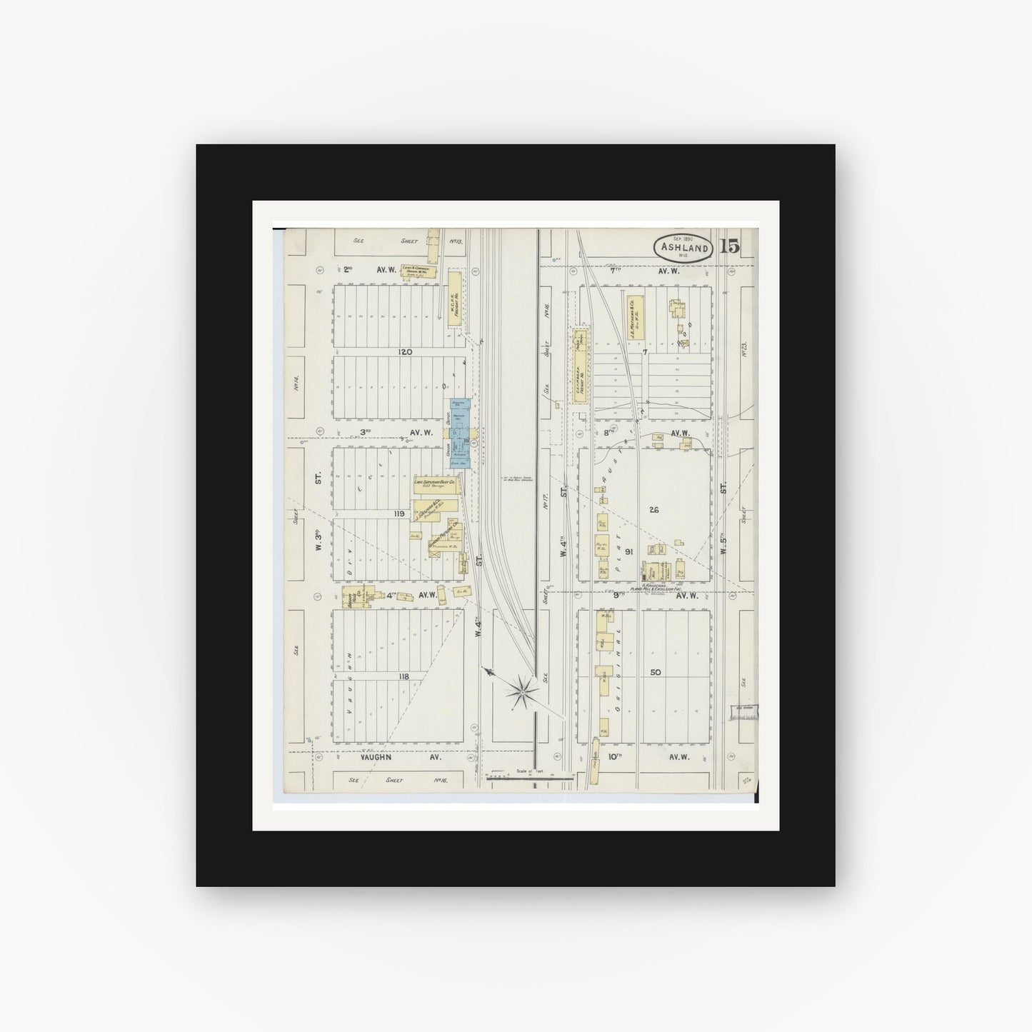 Old map wall art mockup — black gallery frame with white mat — Sanborn Fire Insurance Map from Ashland, Ashland County, Wisconsin (1890), Sheet #0015