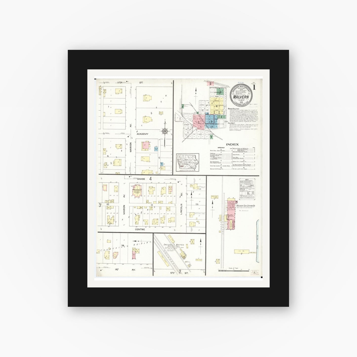 Old map wall art mockup — black gallery frame with white mat — Sanborn Fire Insurance Map from Malvern, Mills County, Iowa (1914) — Complete Set