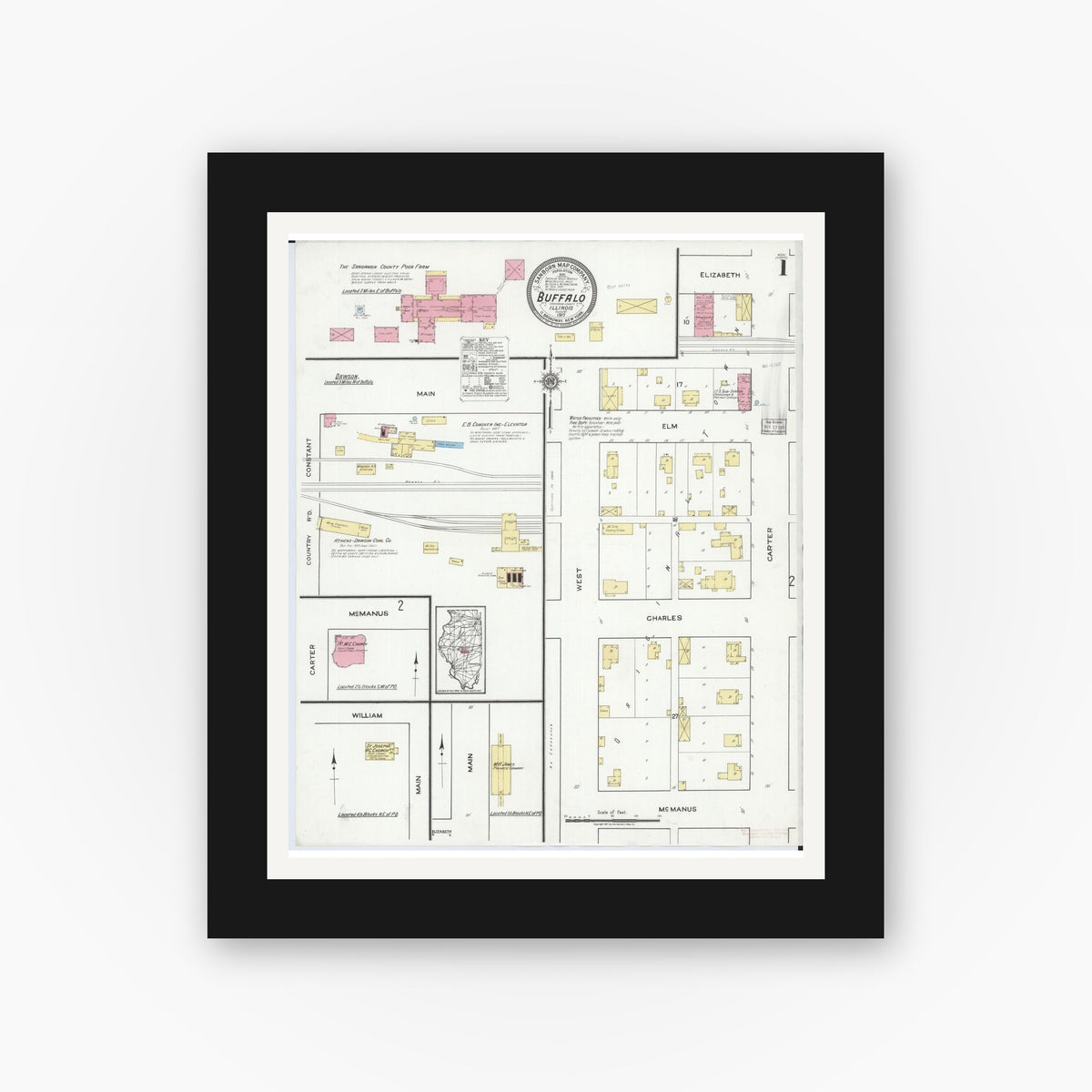Old map wall art mockup — black gallery frame with white mat — Sanborn Fire Insurance Map from Buffalo, Sangamon County, Illinois (1917) - Complete Map Set